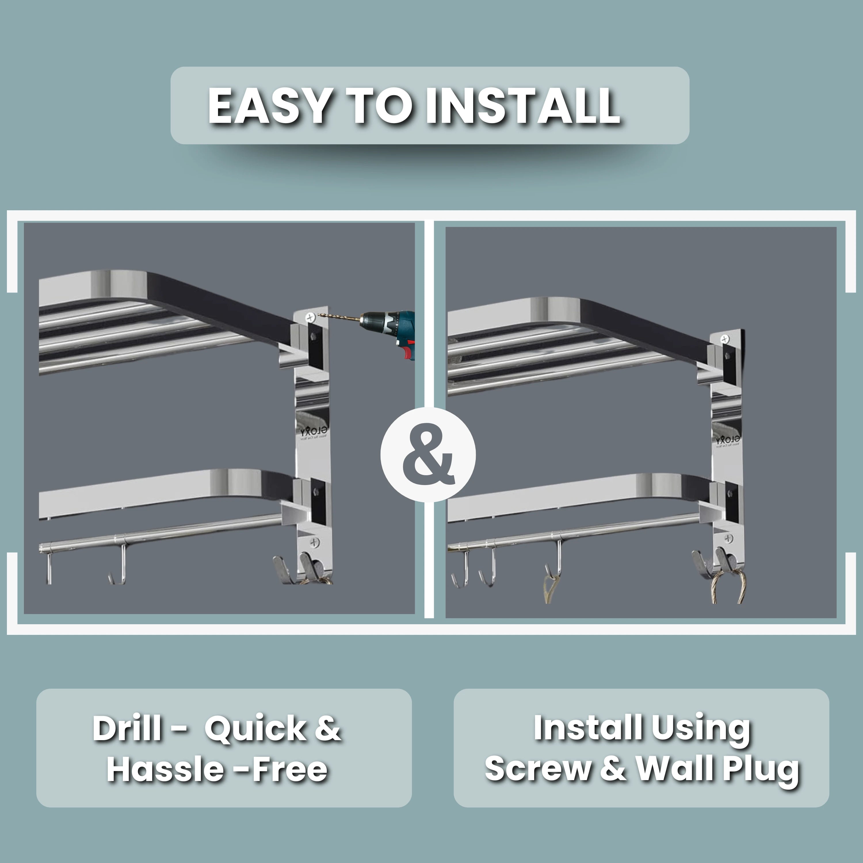 Gloxy Rectangular Shape Stainless Steel Chrome Finsih Foldable Towel Rack-24 Inch