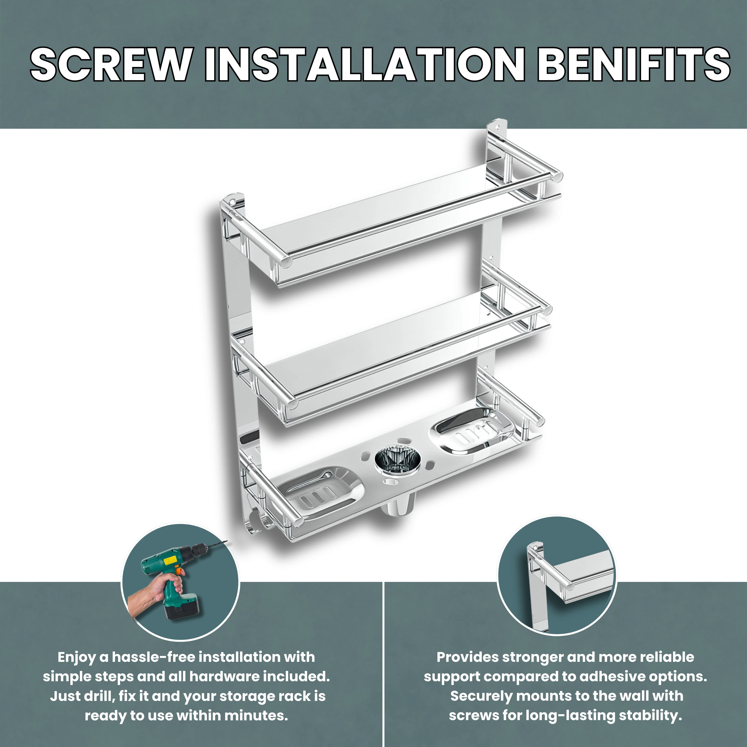 Gloxy Stainless Steel 3-Layer Chrome Finish Bathroom Shelf with Double Soap Dish,Toothbrush Holder & Hooks