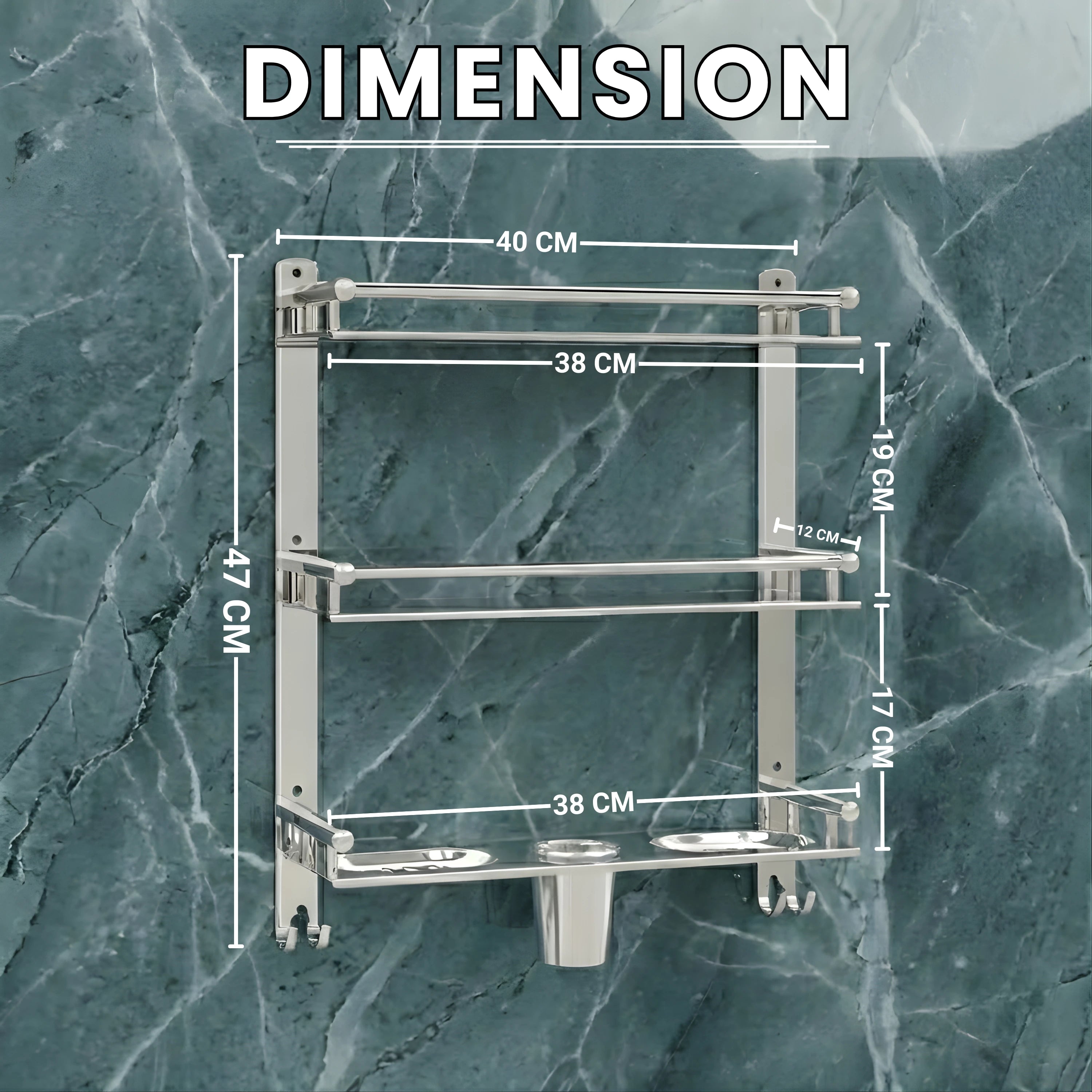 Gloxy Stainless Steel 3-Layer Chrome Finish Bathroom Shelf with Double Soap Dish,Toothbrush Holder & Hooks