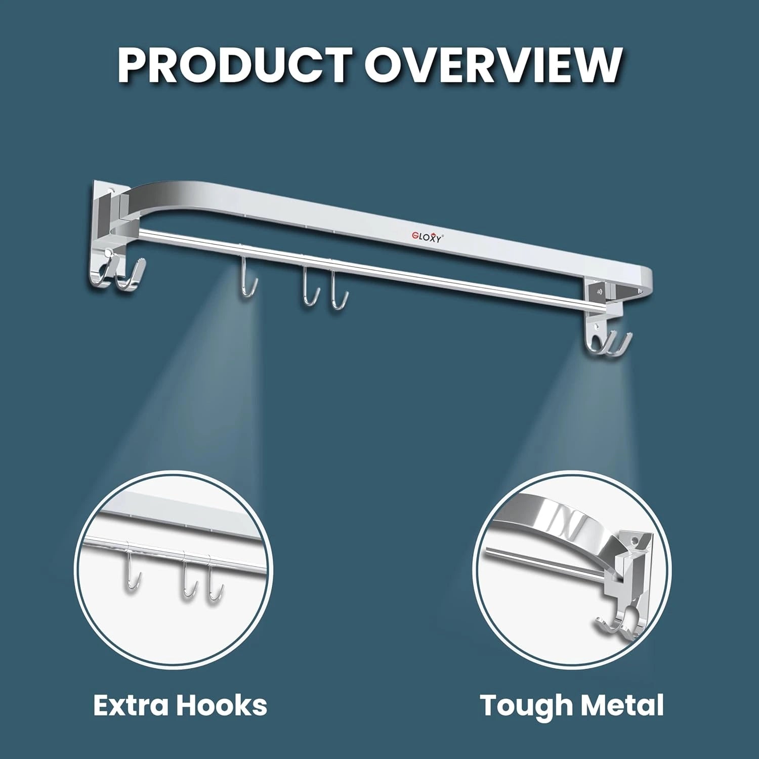 Gloxy Round Shape Stainless Steel Chrome Finish Folding Towel Rod with Adjustable Hooks – 24 Inch