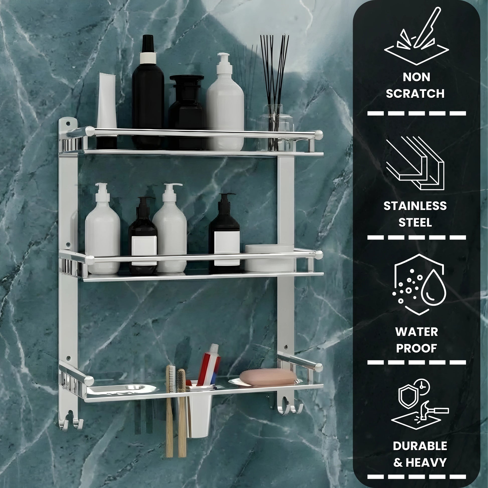 Gloxy Stainless Steel 3-Layer Chrome Finish Bathroom Shelf with Double Soap Dish,Toothbrush Holder & Hooks