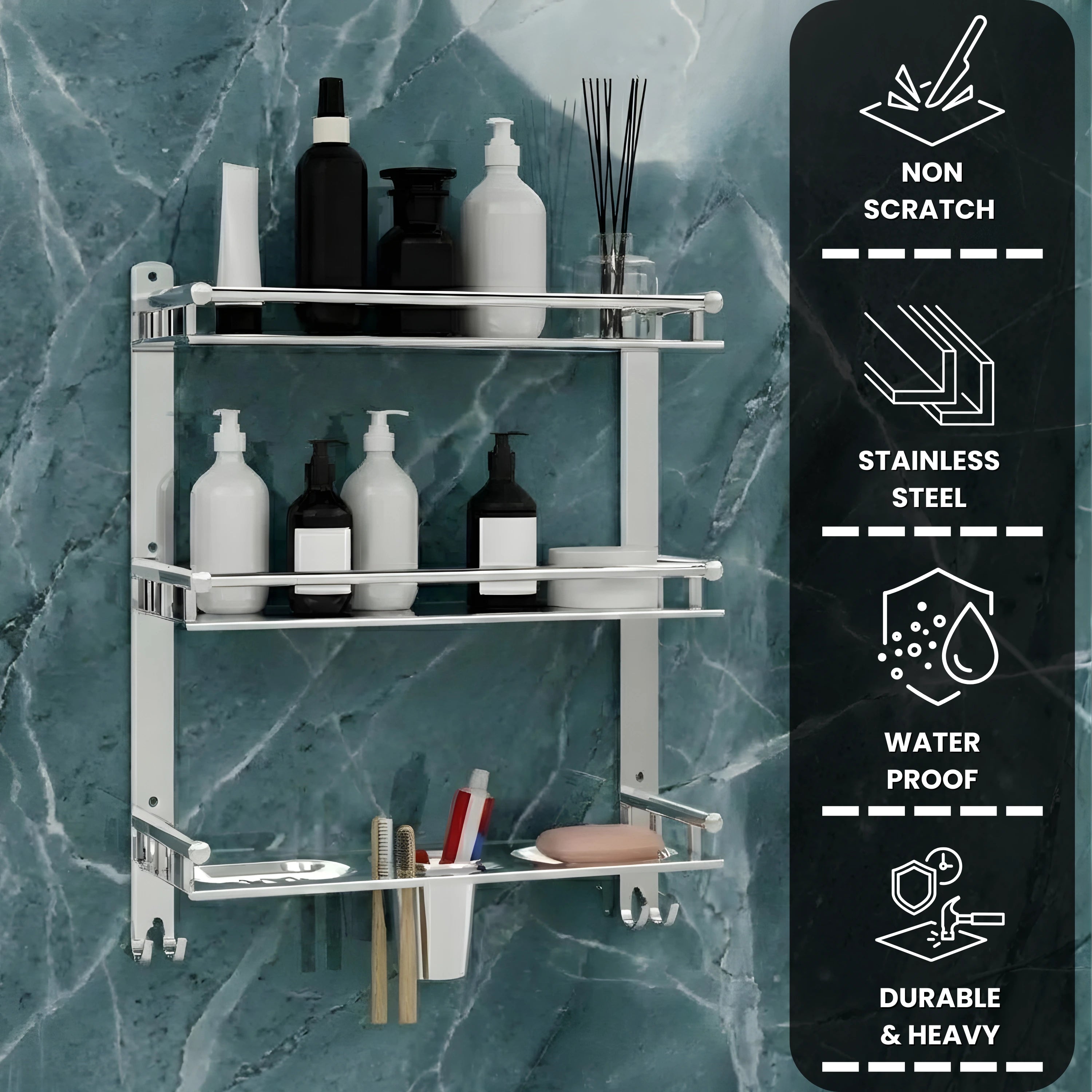 Gloxy Stainless Steel 3-Layer Chrome Finish Bathroom Shelf with Double Soap Dish,Toothbrush Holder & Hooks