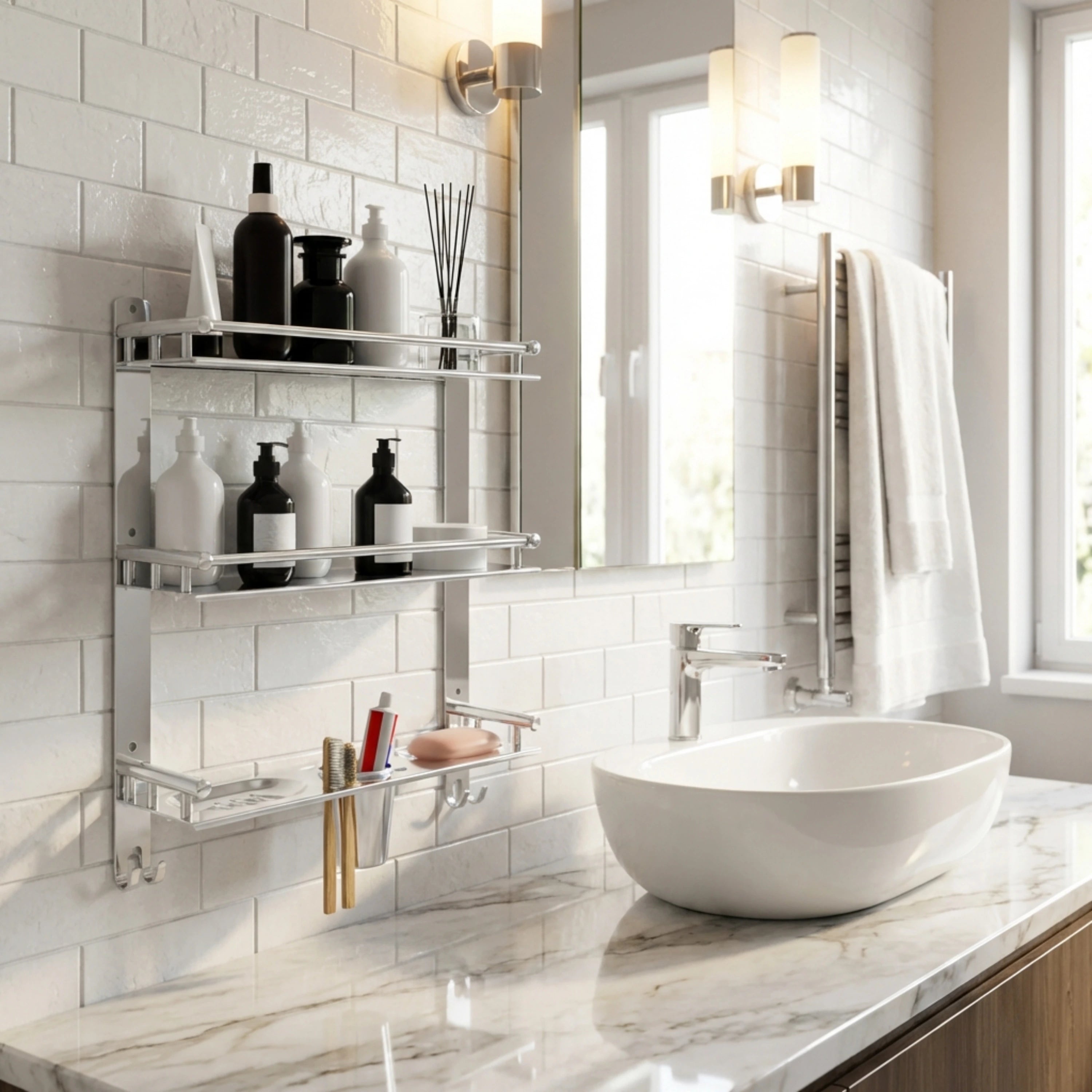 Modern bathroom with a white oval sink, shelves with toiletries, and a mirror.