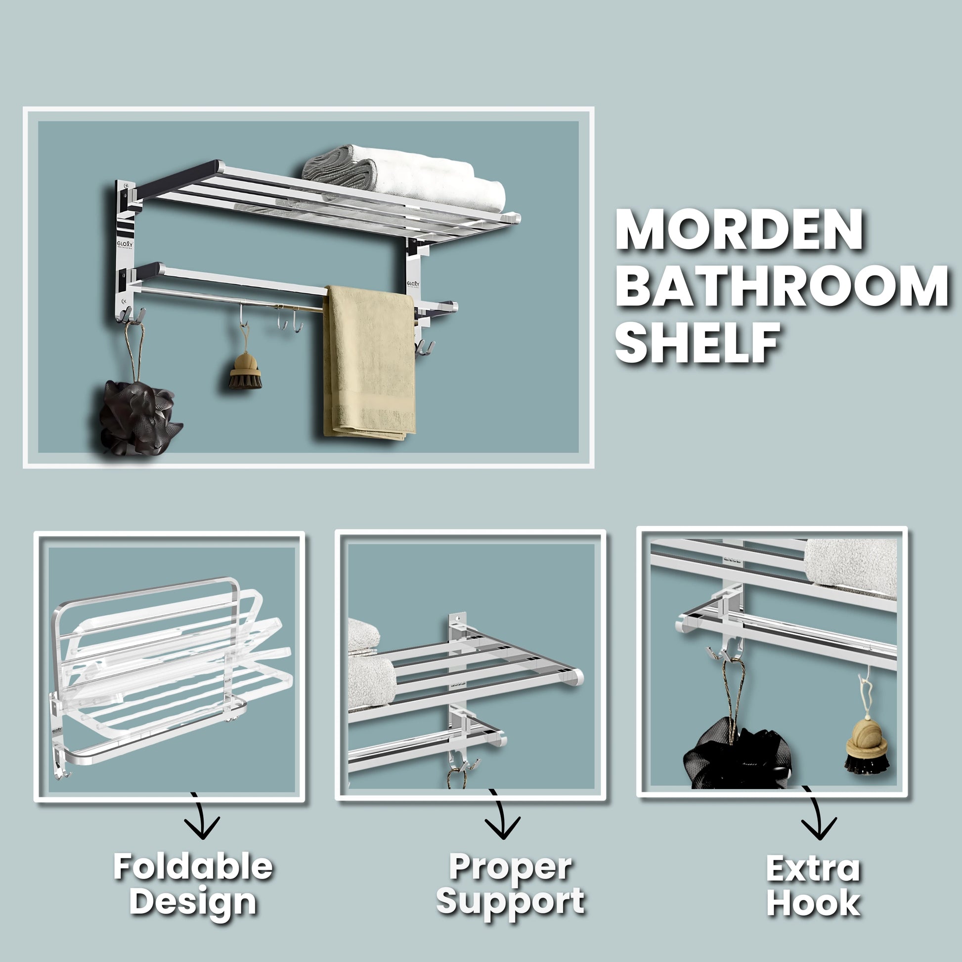 Gloxy Rectangular Shape Stainless Steel Chrome Finsih Foldable Towel Rack-24 Inch