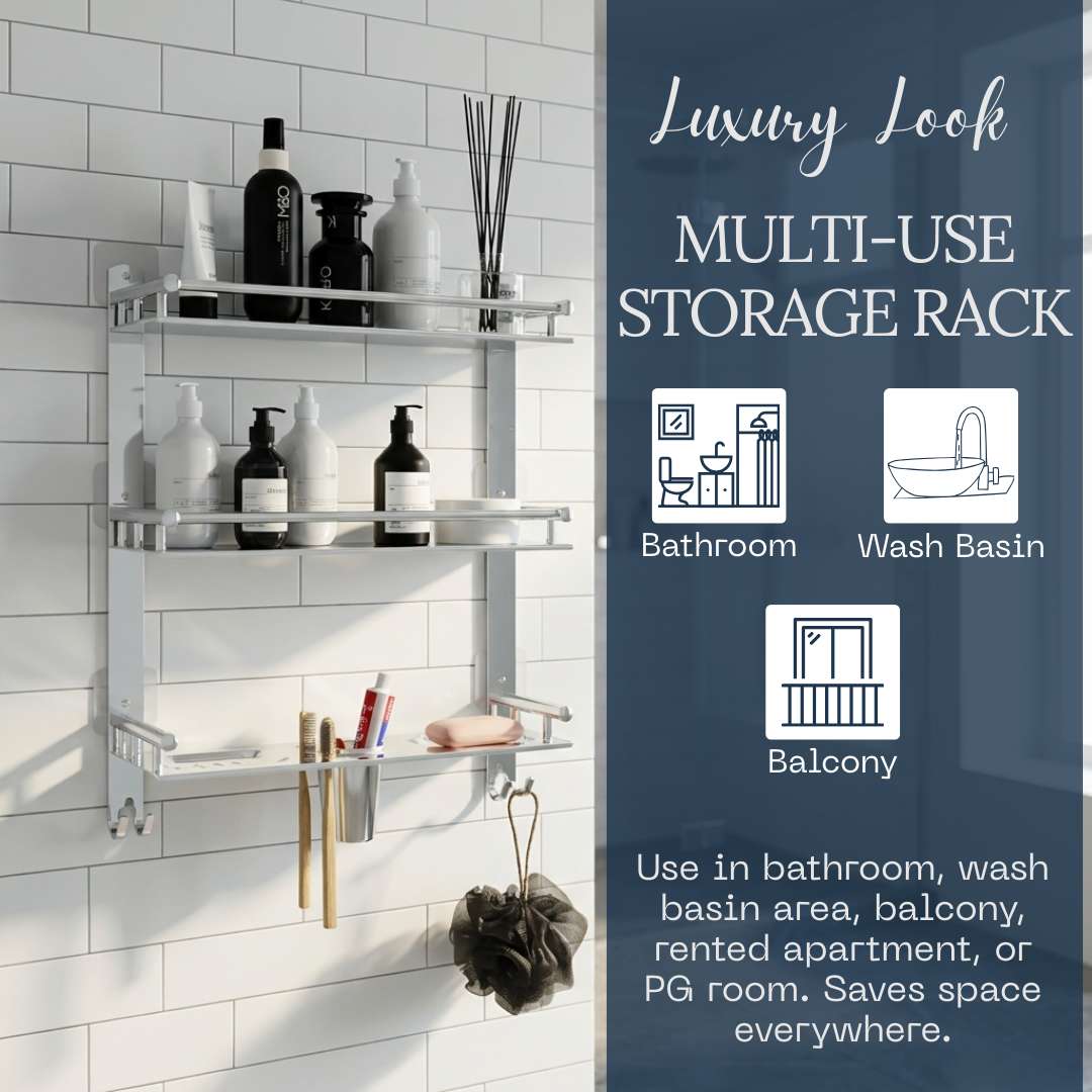 Rectangular Shape Stainless Steel Magic Sticker Shelf Adhesive Anti Rust 3 Layer Multipurpose Bathroom Shelf (15 x 5 x 19 inch, Silver)-by GLOXY®