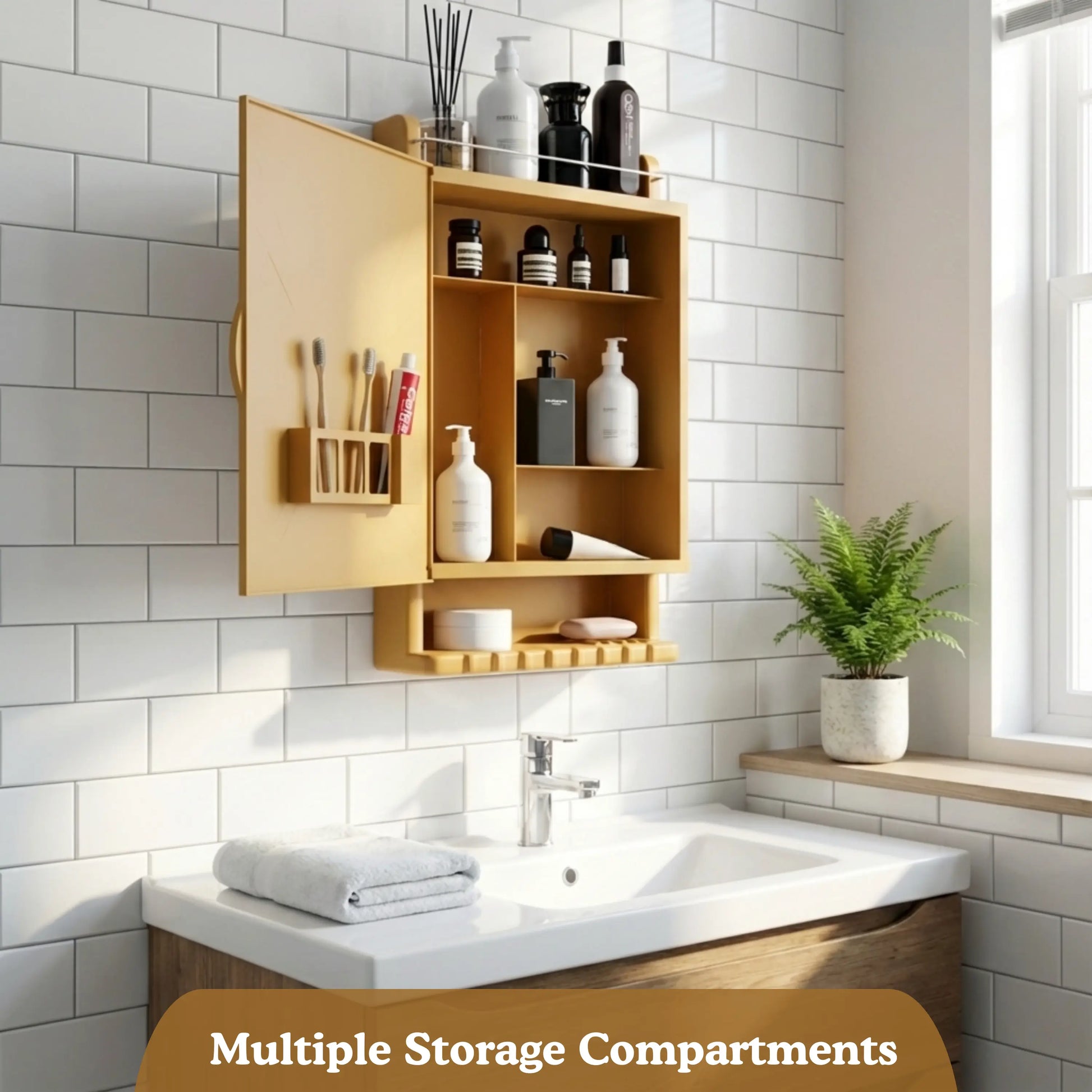 Bathroom with wooden storage cabinet, sink, and decorative elements.