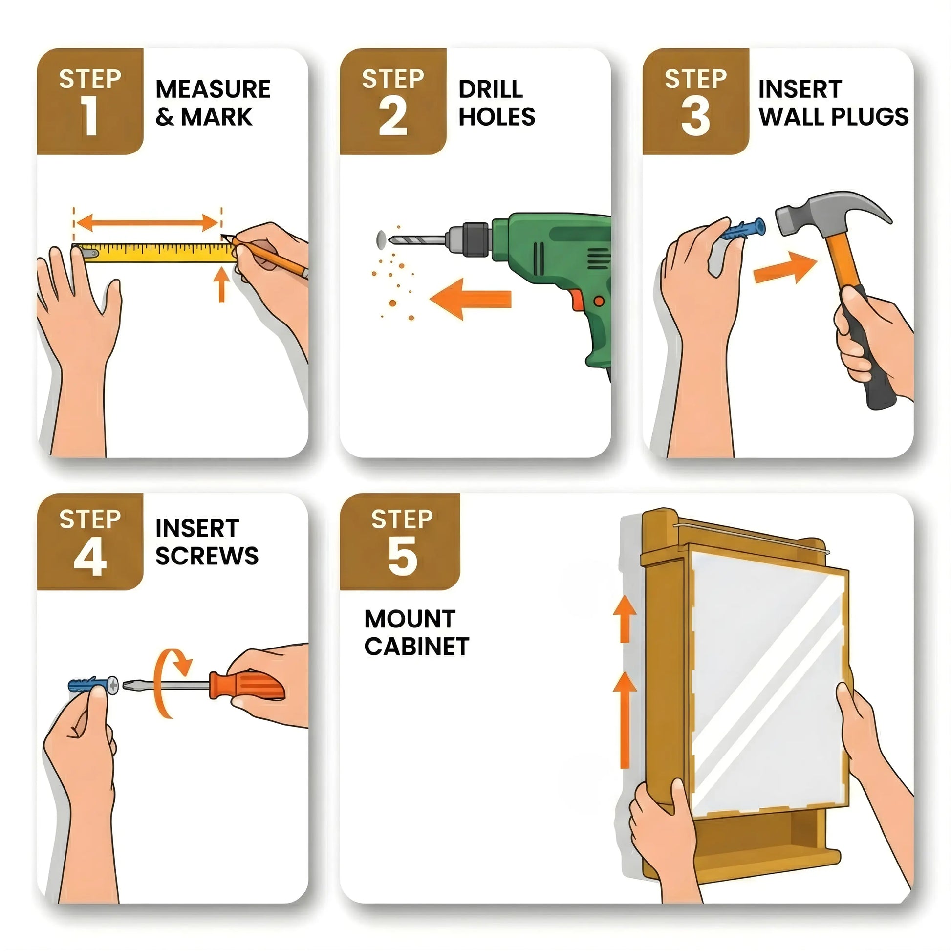 Step-by-step illustration of mounting a cabinet with tools and actions.