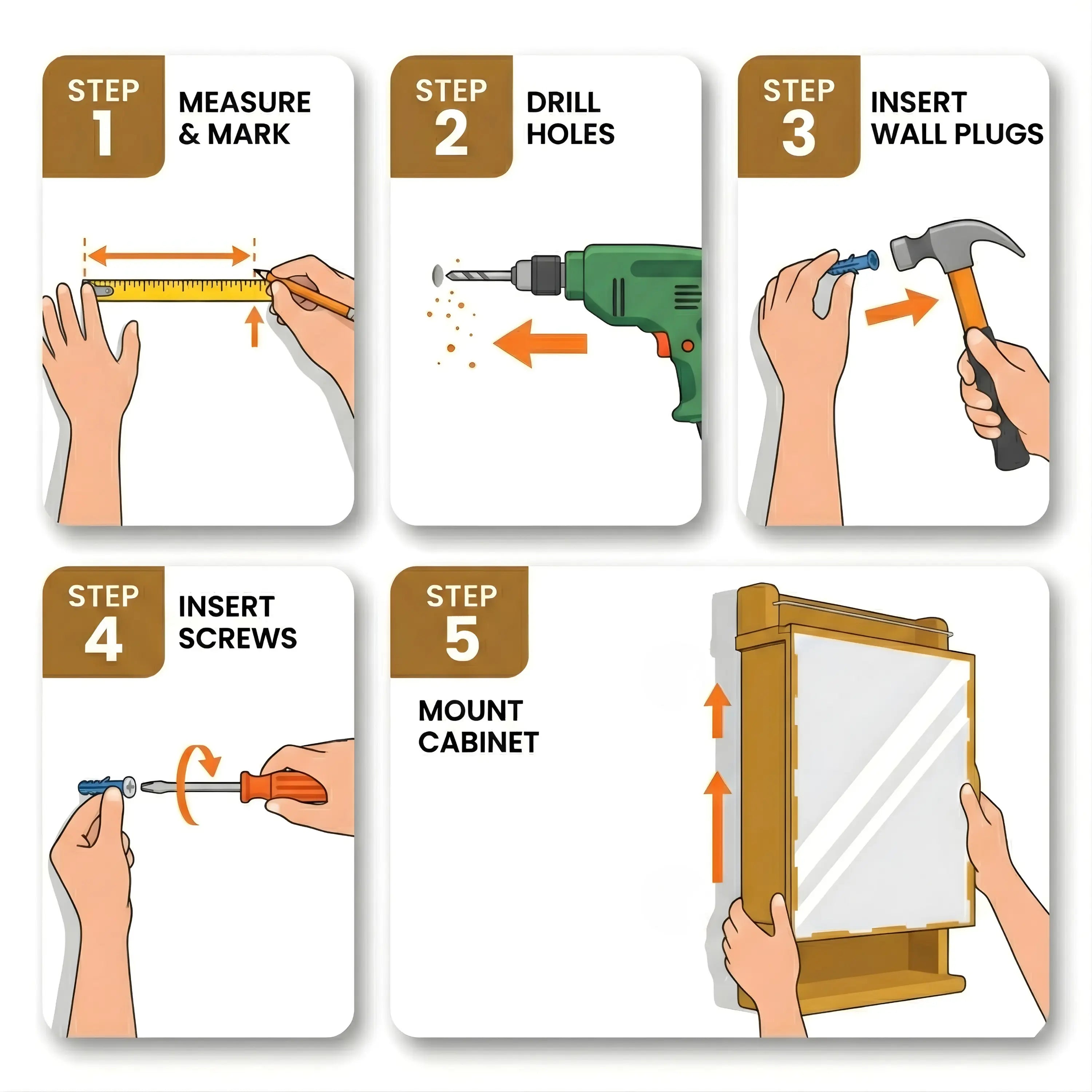 Step-by-step illustration of mounting a cabinet with tools and actions.