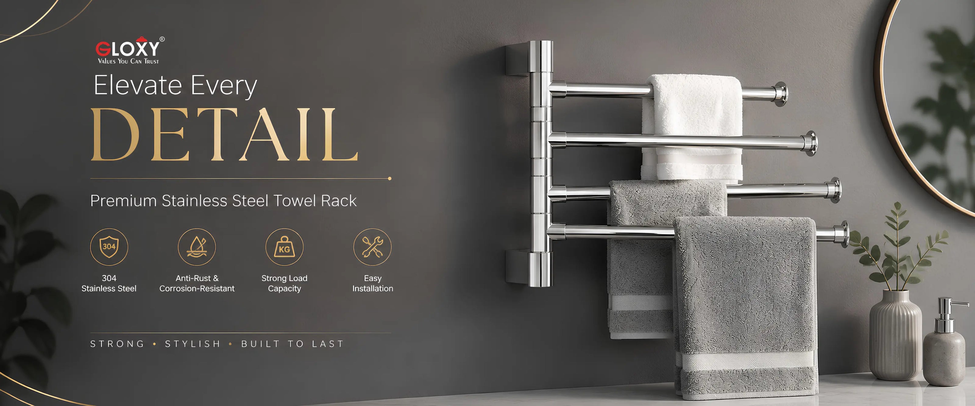 A wall-mounted stainless steel towel rack with three bars, shown holding white and gray towels in a bathroom setting. The left side features promotional text for the ELOXY brand, including 'Elevate Every DETAIL' and feature icons.