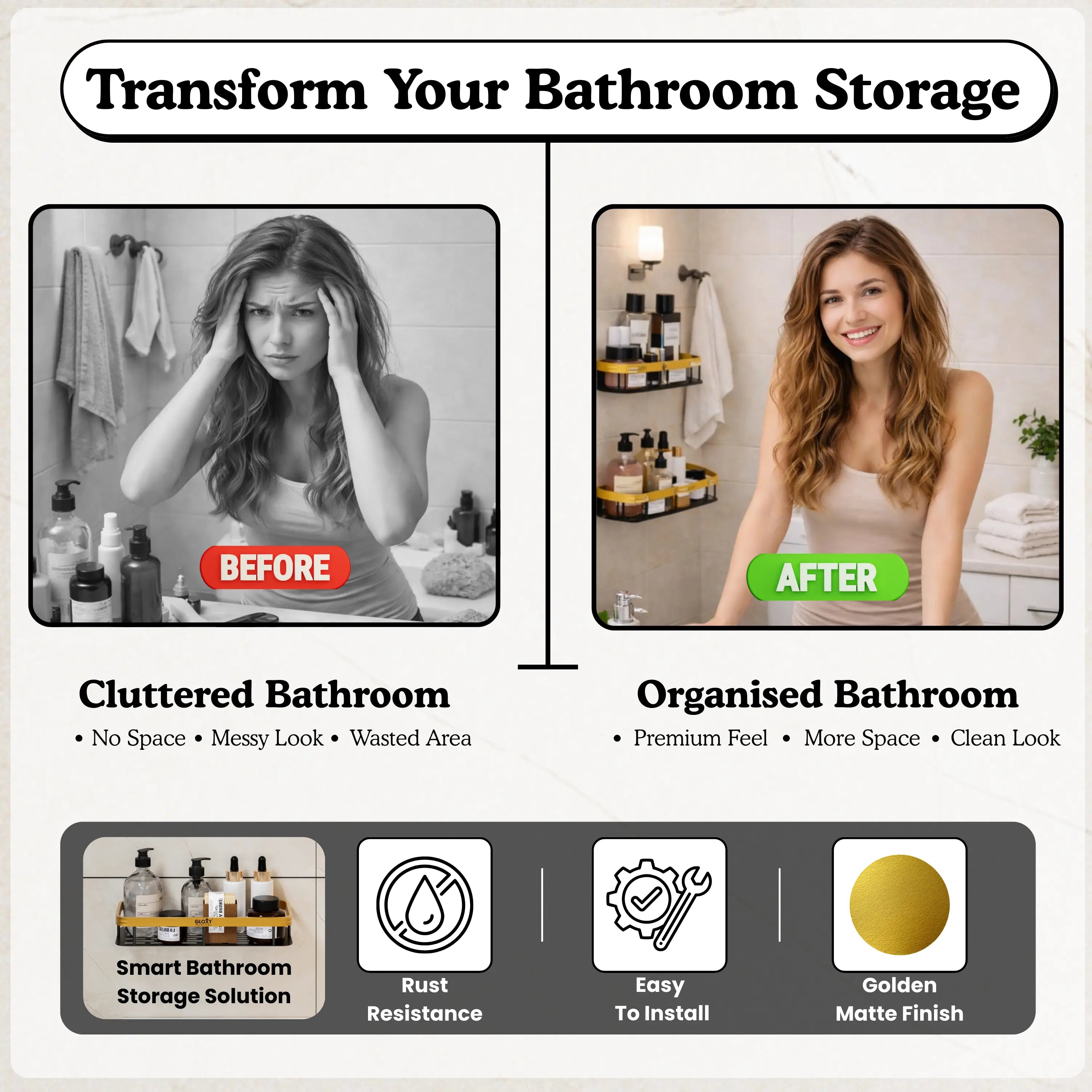 Before and after comparison of a cluttered and organized bathroom with text and icons about smart bathroom storage solution.