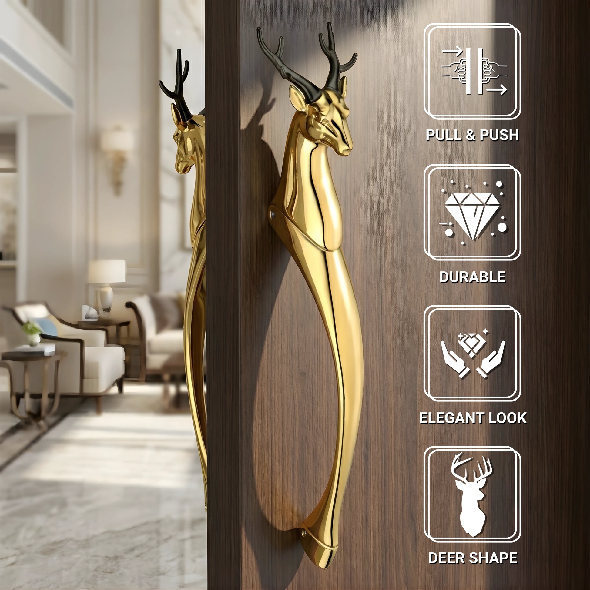 Gloxy Deer Shape Aluminium Pull Door Handle 12 Inch -Gold