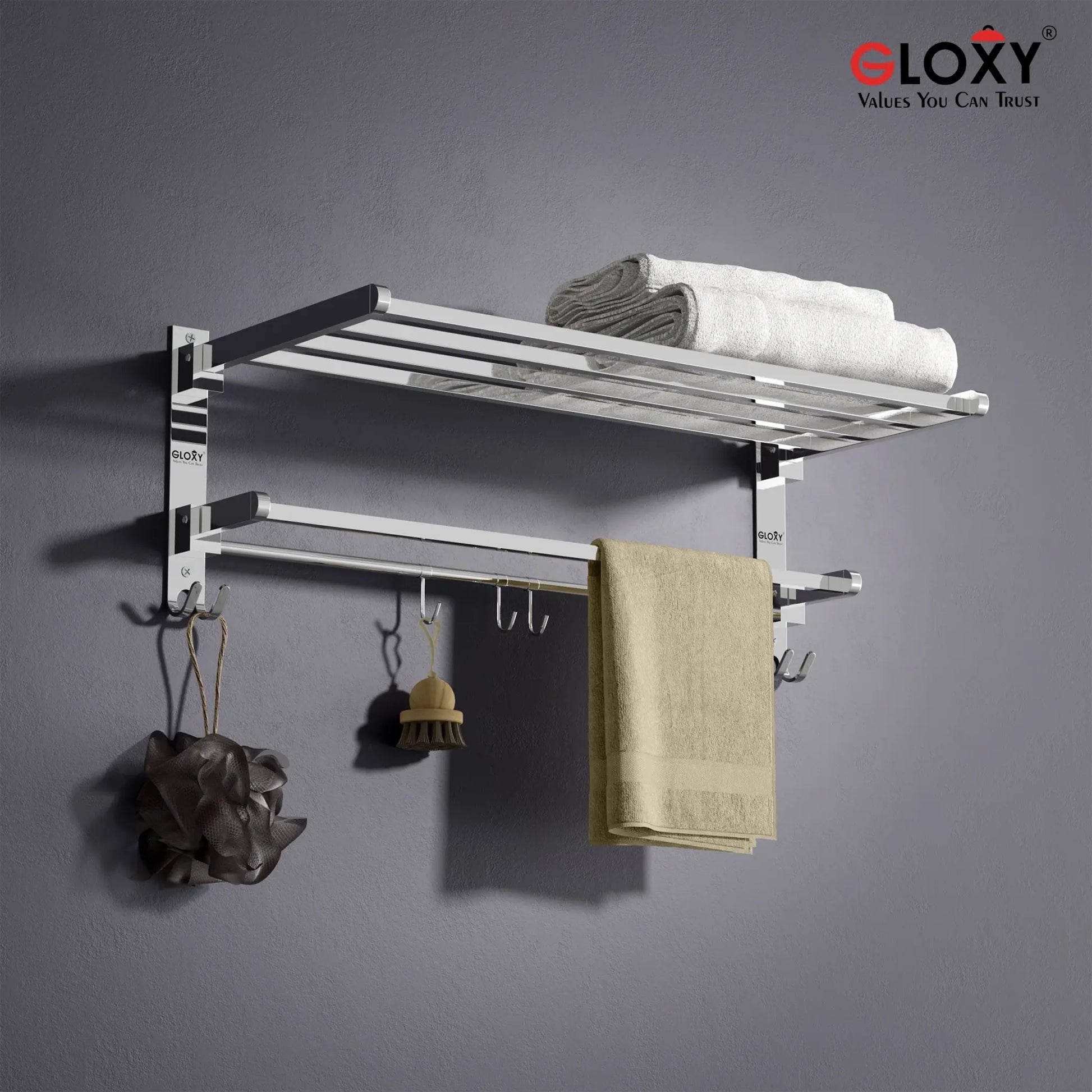 Gloxy Rectangular Shape Stainless Steel Chrome Finsih Foldable Towel Rack-24 Inch