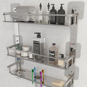 Rectangular Shape Stainless Steel Magic Sticker Shelf Adhesive Anti Rust 3 Layer Multipurpose Bathroom Shelf (15 x 5 x 19 inch, Silver)-by GLOXY®