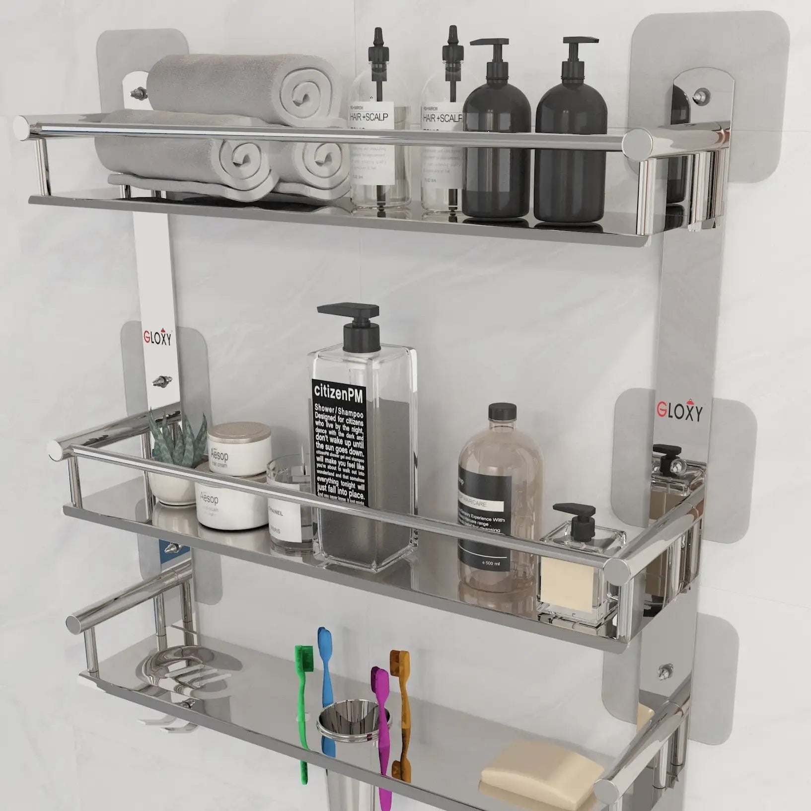 Rectangular Shape Stainless Steel Magic Sticker Shelf Adhesive Anti Rust 3 Layer Multipurpose Bathroom Shelf (15 x 5 x 19 inch, Silver)-by GLOXY®