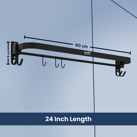 Gloxy Round Shape Stainless Steel Black Finish Folding Towel Rod with Hooks – 24 Inch