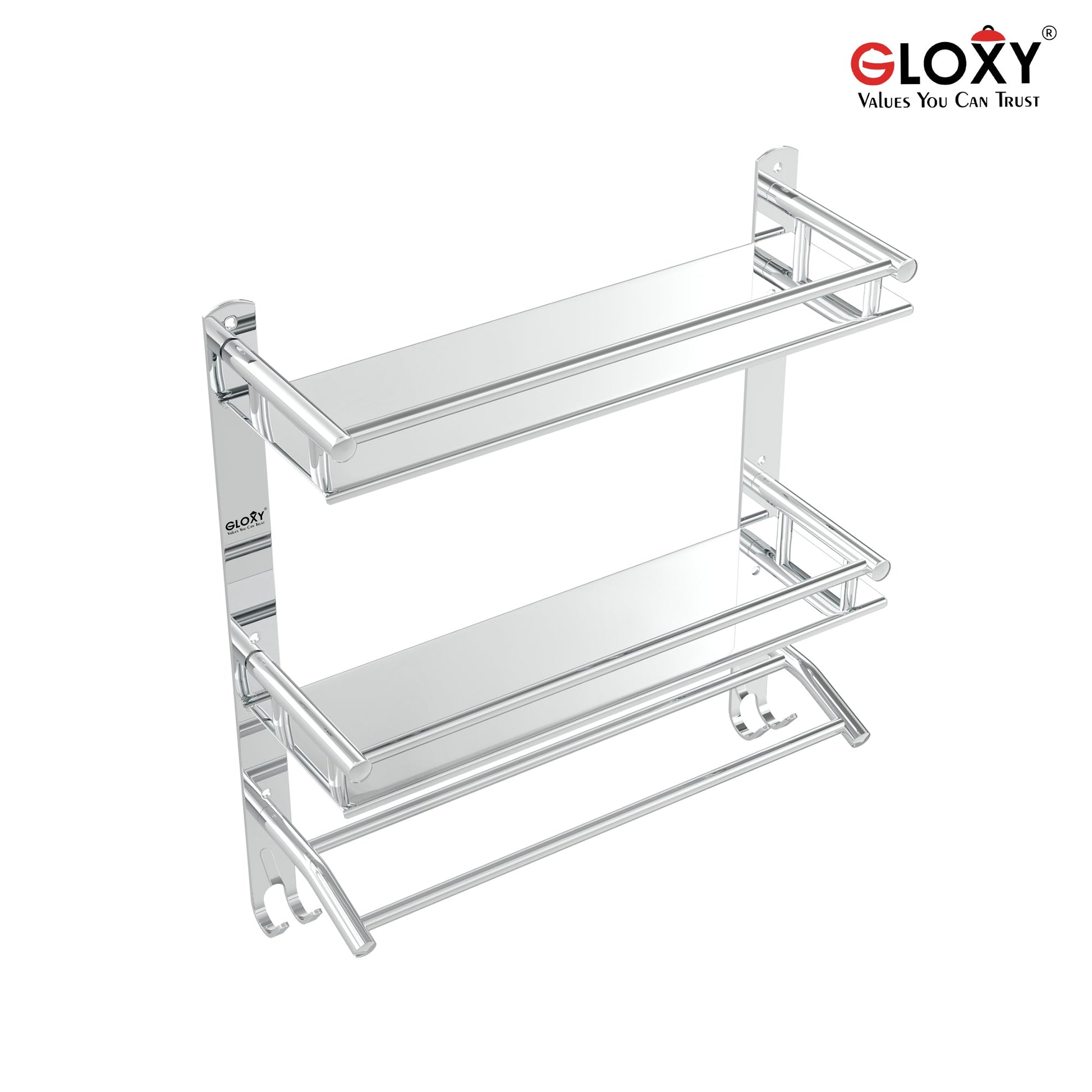 Gloxy Stainless Steel 3-Layer Chrome Finish Bathroom Shelf with Towel Rod & Hooks
