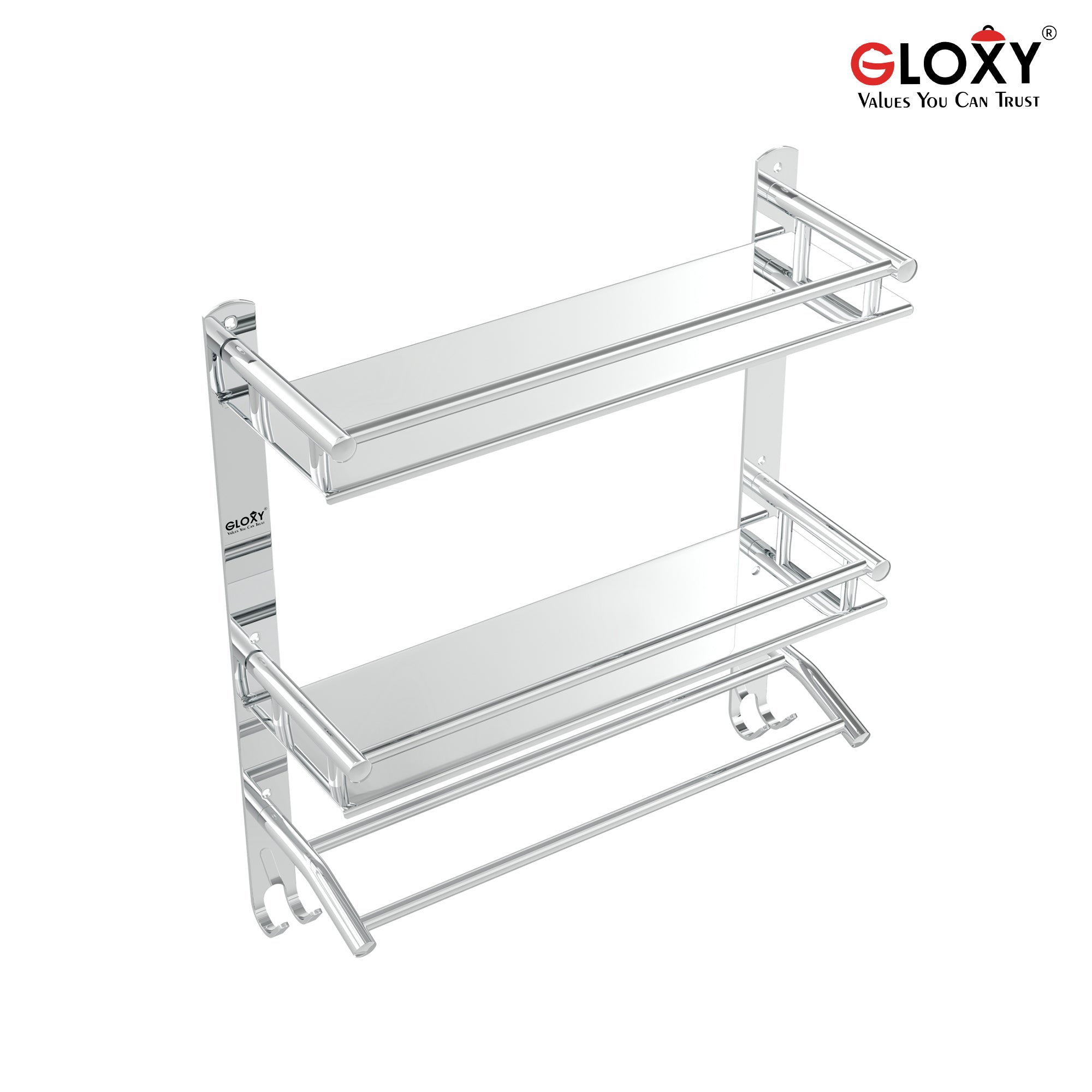 Gloxy Stainless Steel 3-Layer Chrome Finish Bathroom Shelf with Towel Rod & Hooks