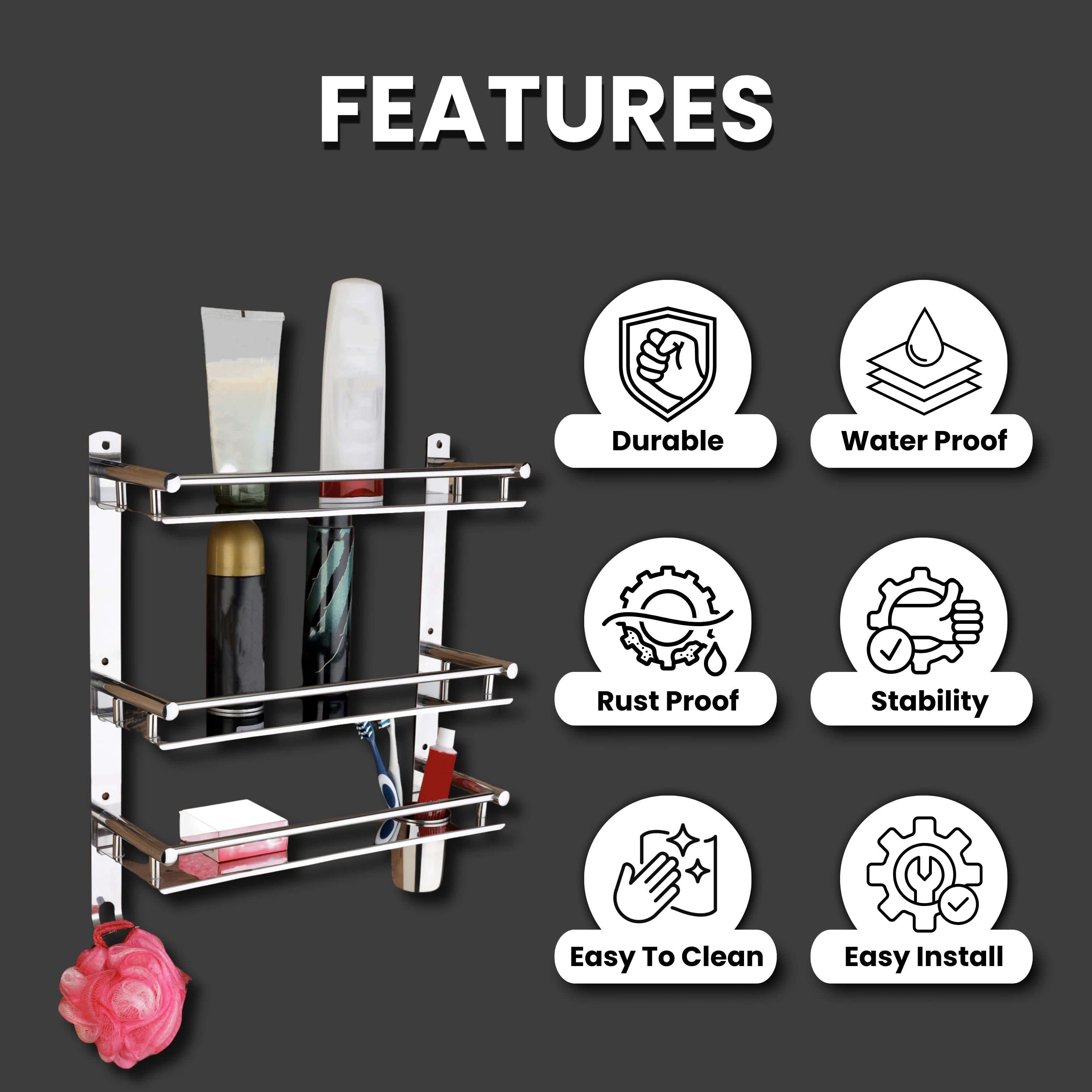 Gloxy Stainless Steel 3-Layer Chrome Finish Bathroom Shelf with Soap Dish,Toothbrush Holder & Hooks