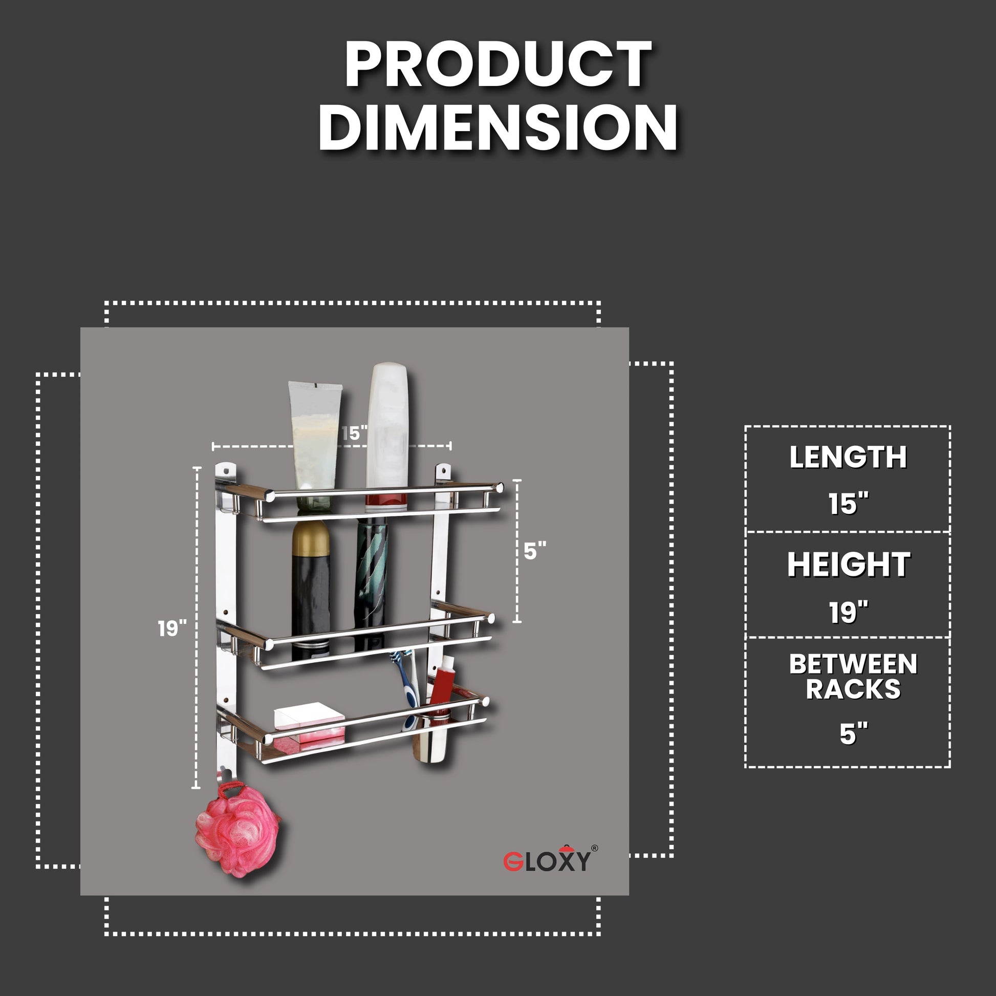 Gloxy Stainless Steel 3-Layer Chrome Finish Bathroom Shelf with Soap Dish,Toothbrush Holder & Hooks