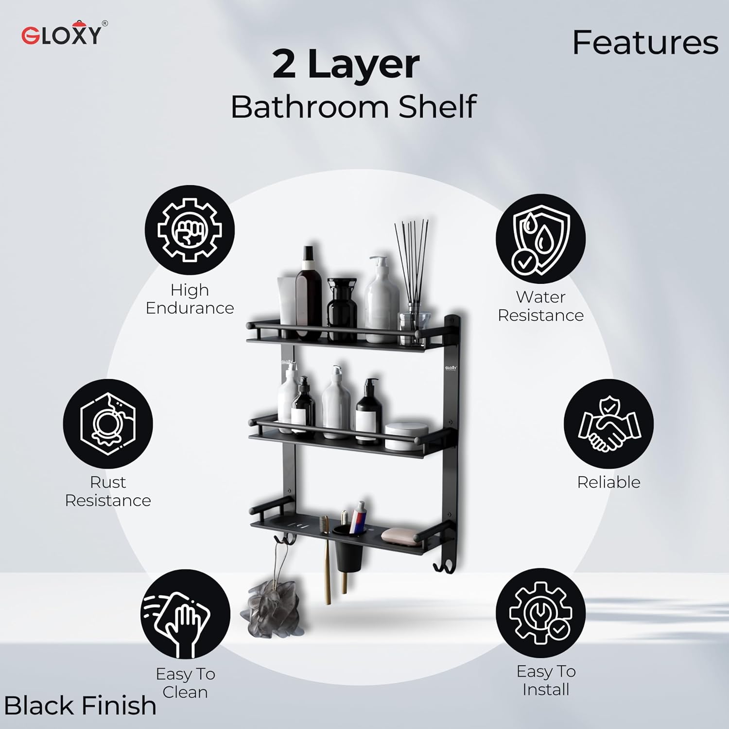 Gloxy Stainless Steel 3-Layer Black Finish Bathroom Shelf with with Soap Dish,Tumbler Holder & Hooks