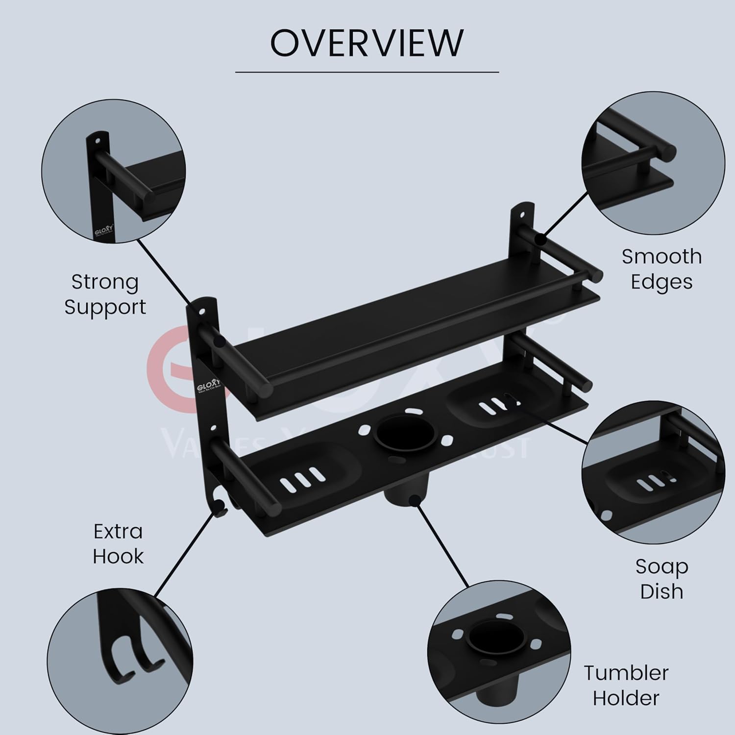 Gloxy Stainless Steel 2-Layer Black Finish Bathroom Shelf with Soap Dish,Tumbler Holder & Hooks