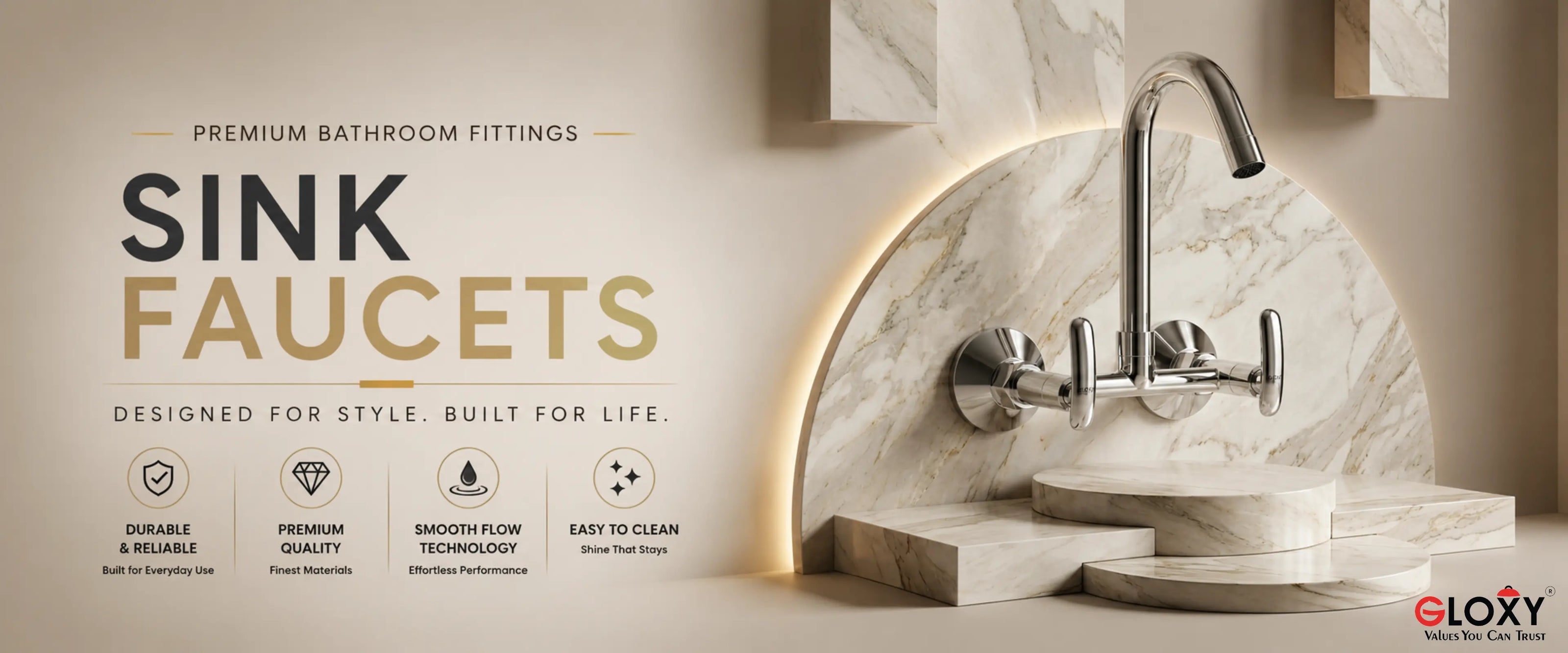 A polished chrome wall-mounted sink faucet installed above a marble sink and countertop in a modern bathroom setting. The left side features promotional text reading 'SINK FAUCETS' with feature icons below, and the Gloxy brand logo appears in the bottom right corner.