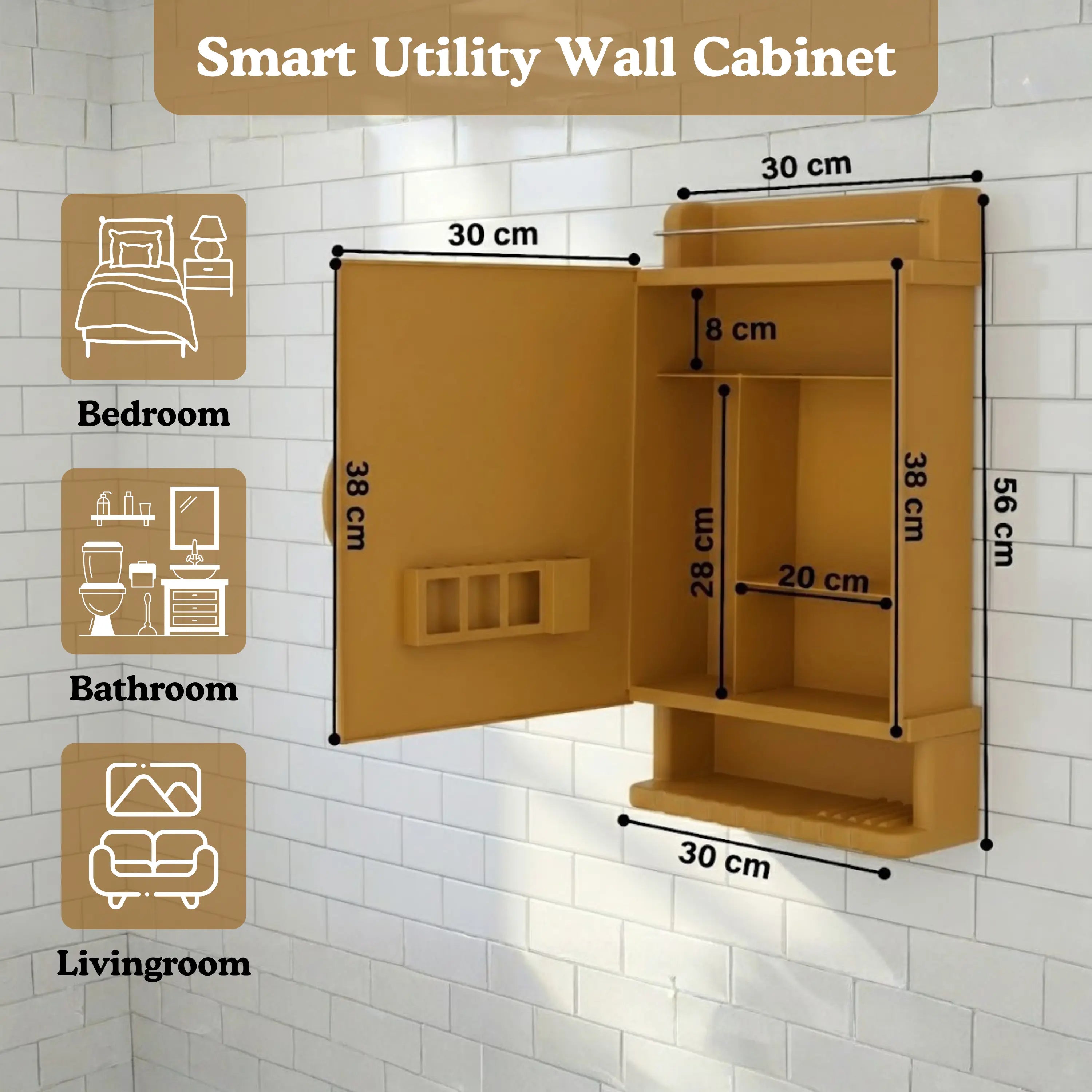 Smart utility wall cabinet with dimensions and usage suggestions on a tiled wall background
