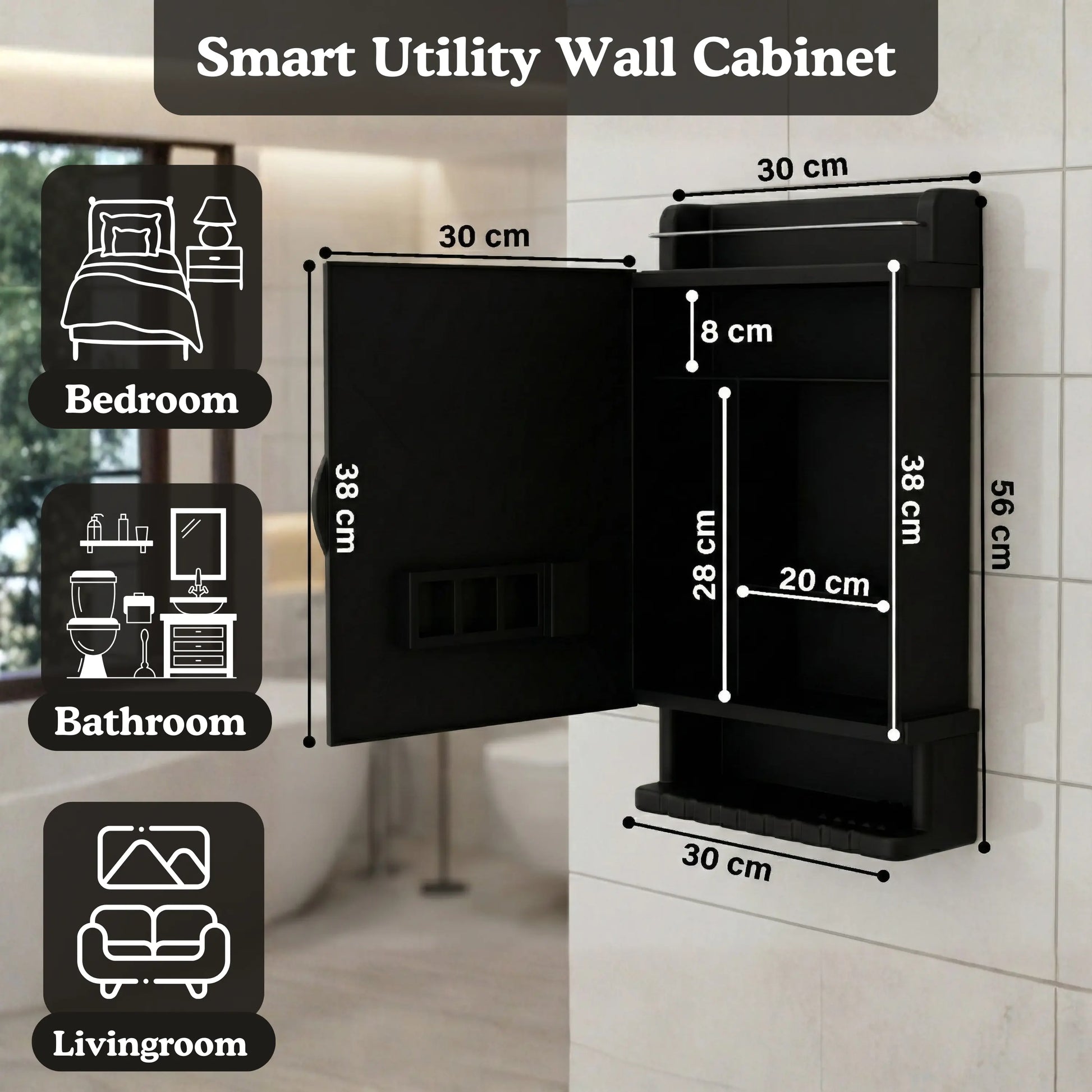 Gloxy Unbreakable Wall-Mounted Plastic Bathroom Cabinet with Mirror– Black