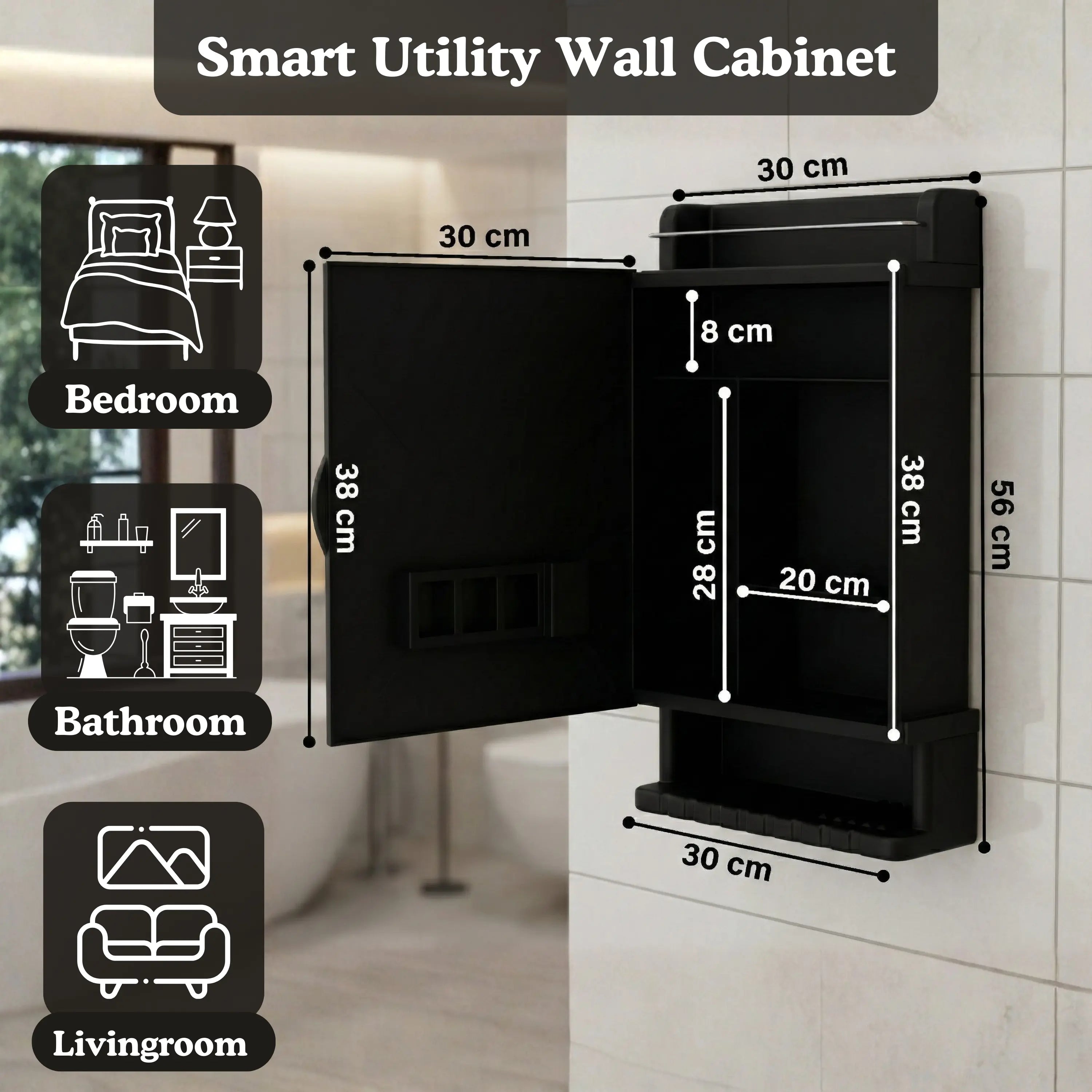 Gloxy Unbreakable Wall-Mounted Plastic Bathroom Cabinet with Mirror– Black