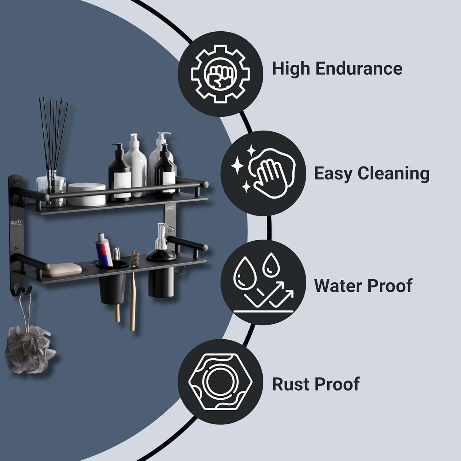 Gloxy Stainless Steel 2-Layer Black Finish Bathroom Shelf with Tumbler Holder, Soap Dish & Liquid Dispenser