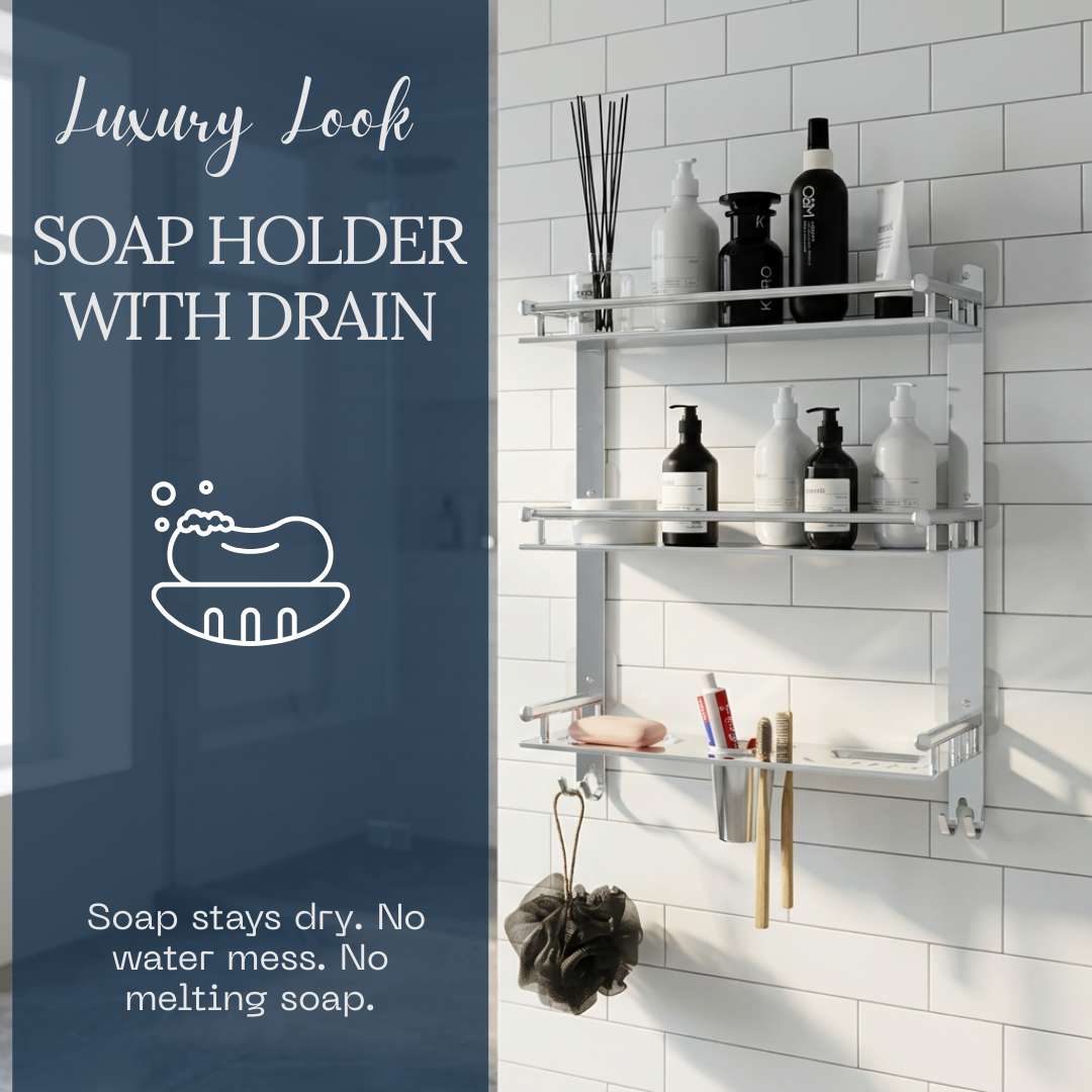 Rectangular Shape Stainless Steel Magic Sticker Shelf Adhesive Anti Rust 3 Layer Multipurpose Bathroom Shelf (15 x 5 x 19 inch, Silver)-by GLOXY®