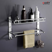 Gloxy Stainless Steel 2-Layer Chrome Finish Bathroom Shelf with Towel Rod & Hooks-Adhesive Sticker Installation