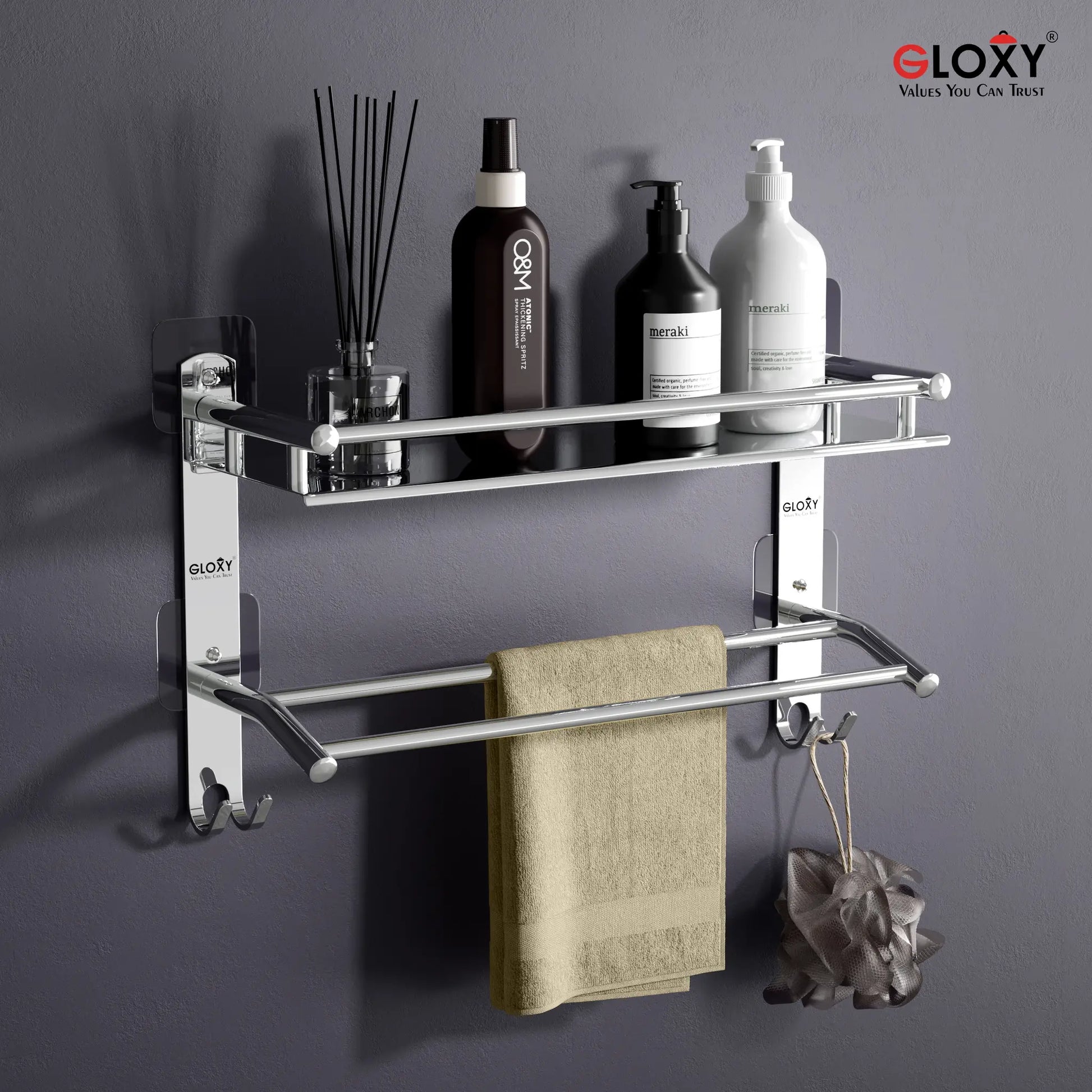 Gloxy Stainless Steel 2-Layer Chrome Finish Bathroom Shelf with Towel Rod & Hooks-Adhesive Sticker Installation