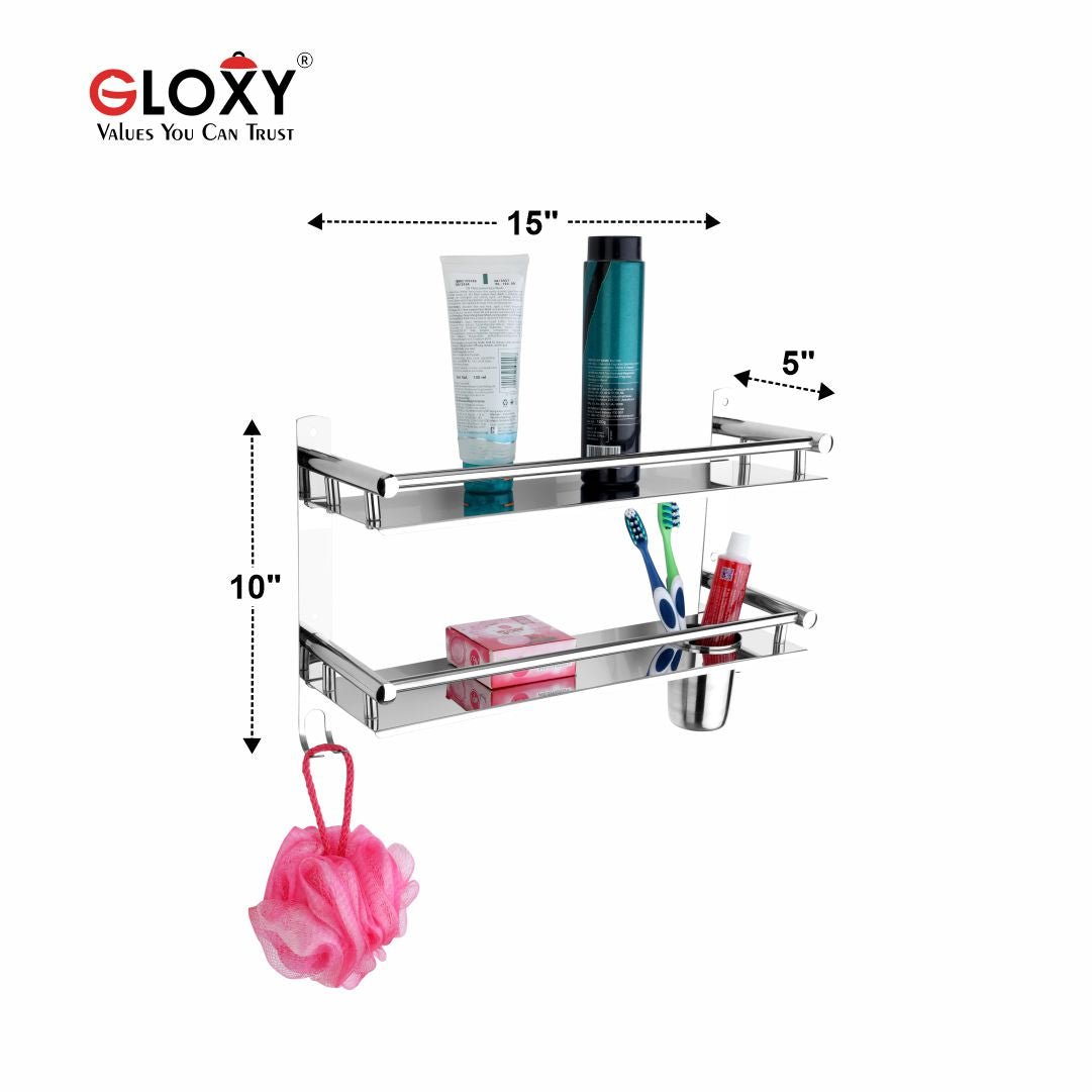 Gloxy Stainless Steel 2-Layer Chrome Finish Bathroom Shelf With Tumbler Holder