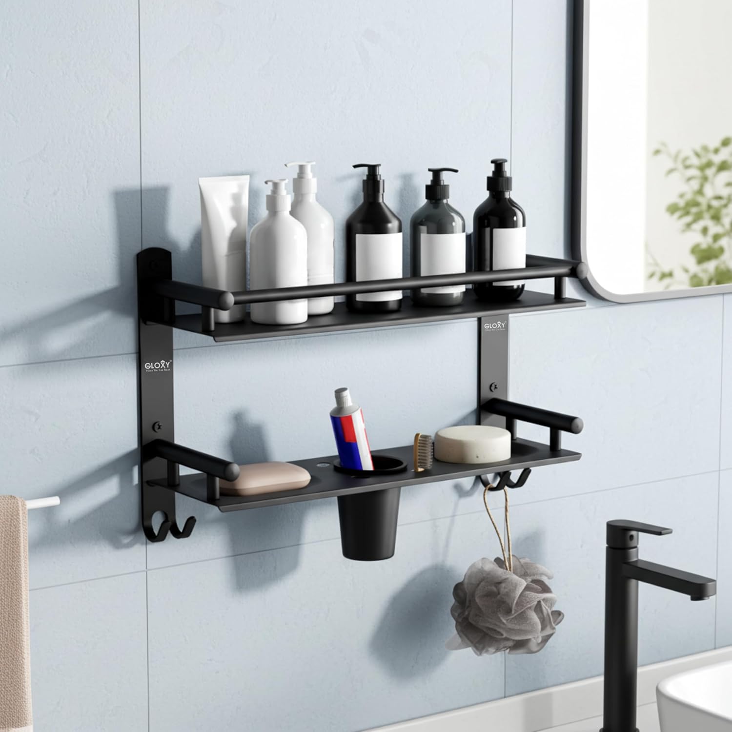Gloxy Stainless Steel 2-Layer Black Finish Bathroom Shelf with Soap Dish,Tumbler Holder & Hooks