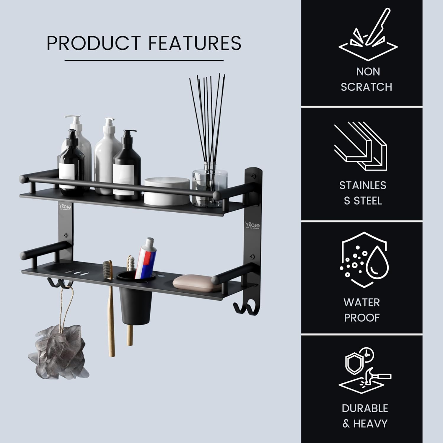 Gloxy Stainless Steel 2-Layer Black Finish Bathroom Shelf with Soap Dish,Tumbler Holder & Hooks