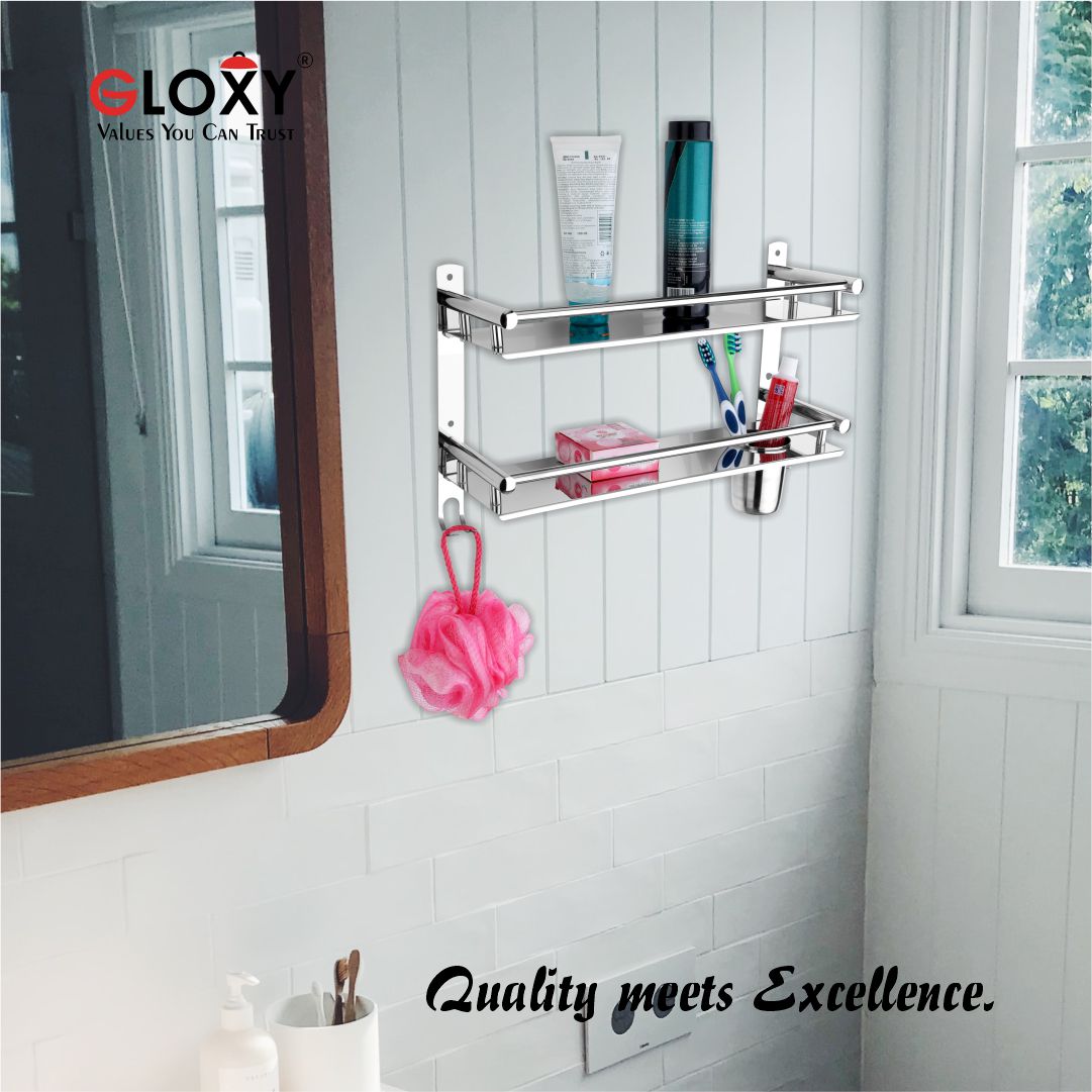 Gloxy Stainless Steel 2-Layer Chrome Finish Bathroom Shelf With Tumbler Holder
