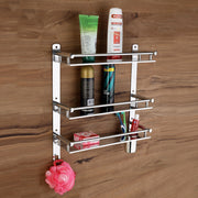 Gloxy Stainless Steel 3-Layer Chrome Finish Bathroom Shelf with Soap Dish,Toothbrush Holder & Hooks