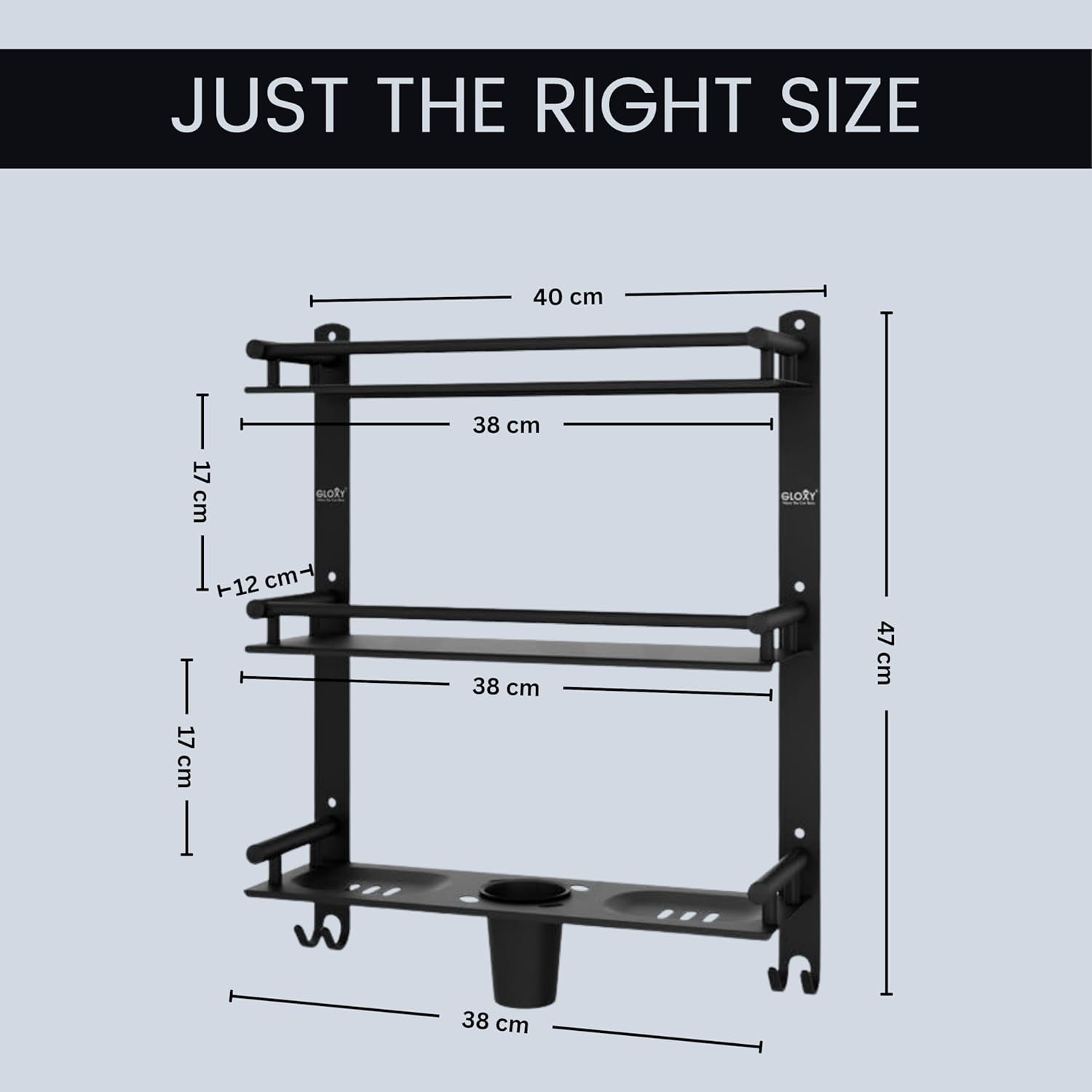 Gloxy Stainless Steel 3-Layer Black Finish Bathroom Shelf with with Soap Dish,Tumbler Holder & Hooks