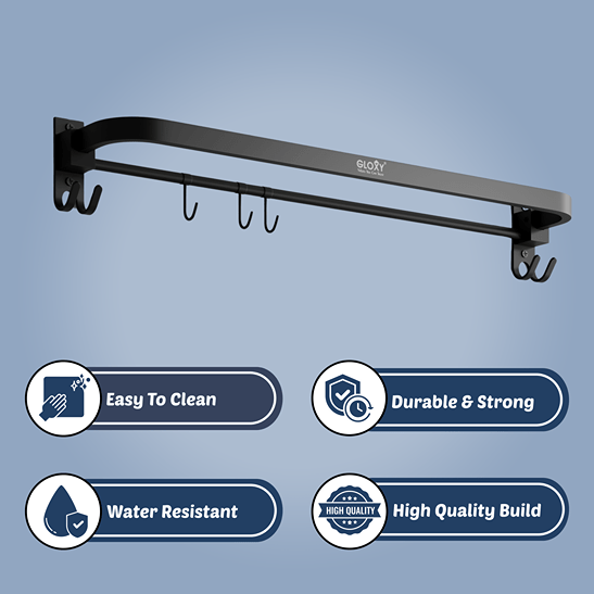 Gloxy Round Shape Stainless Steel Black Finish Folding Towel Rod with Hooks – 24 Inch