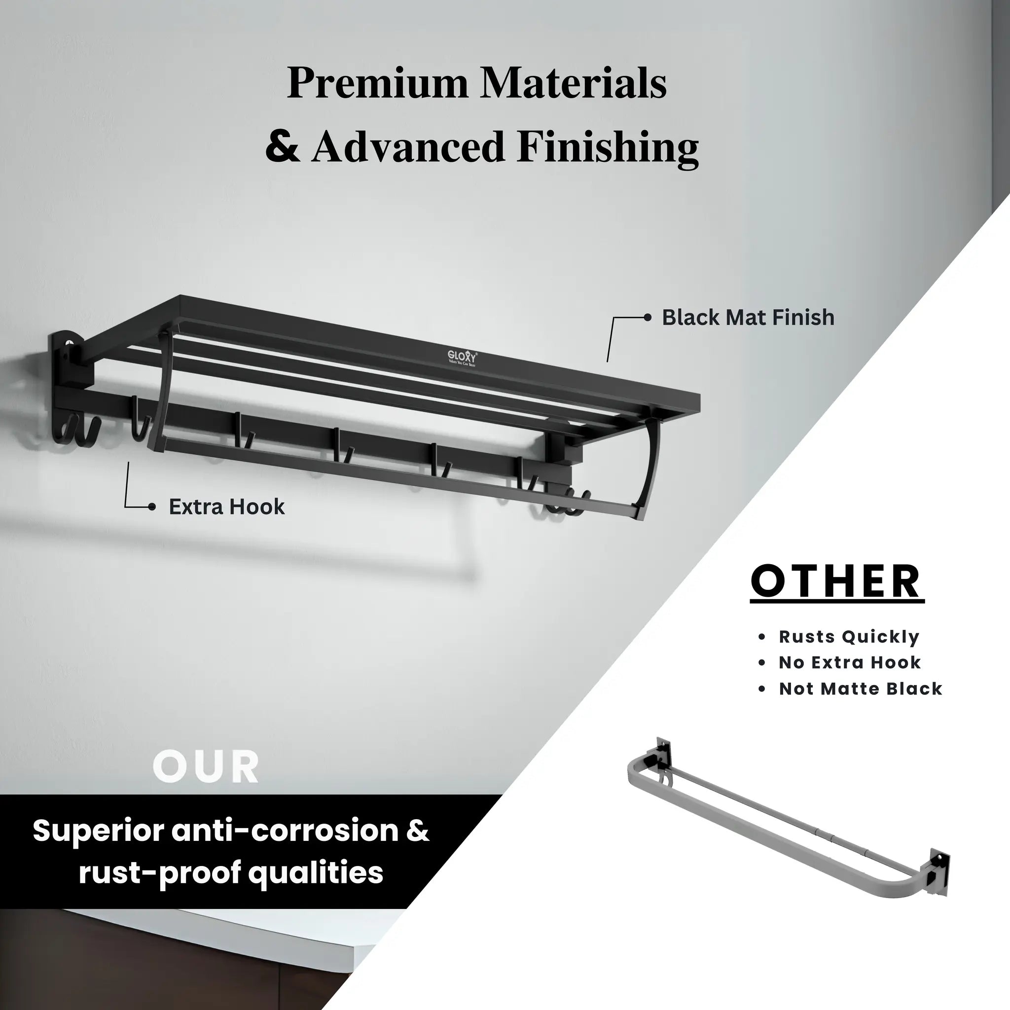 Gloxy Stainless Steel Black Finsih Folding Bar Bath Towel Rack with Hook-24 Inch