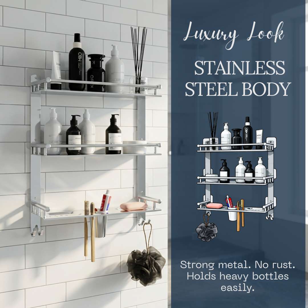 Rectangular Shape Stainless Steel Magic Sticker Shelf Adhesive Anti Rust 3 Layer Multipurpose Bathroom Shelf (15 x 5 x 19 inch, Silver)-by GLOXY®