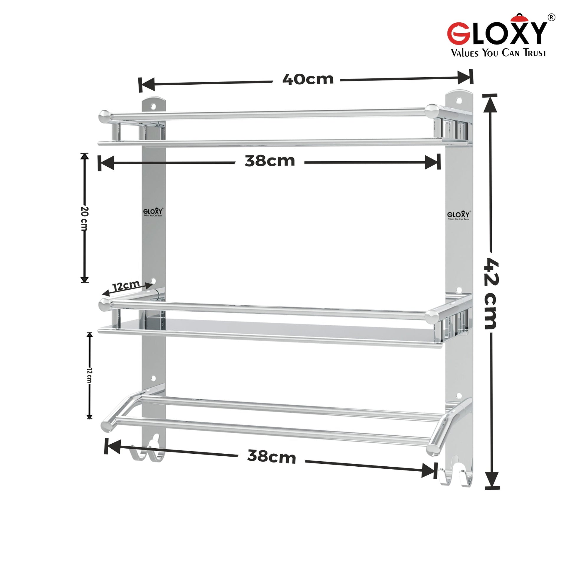 Gloxy Stainless Steel 3-Layer Chrome Finish Bathroom Shelf with Towel Rod & Hooks