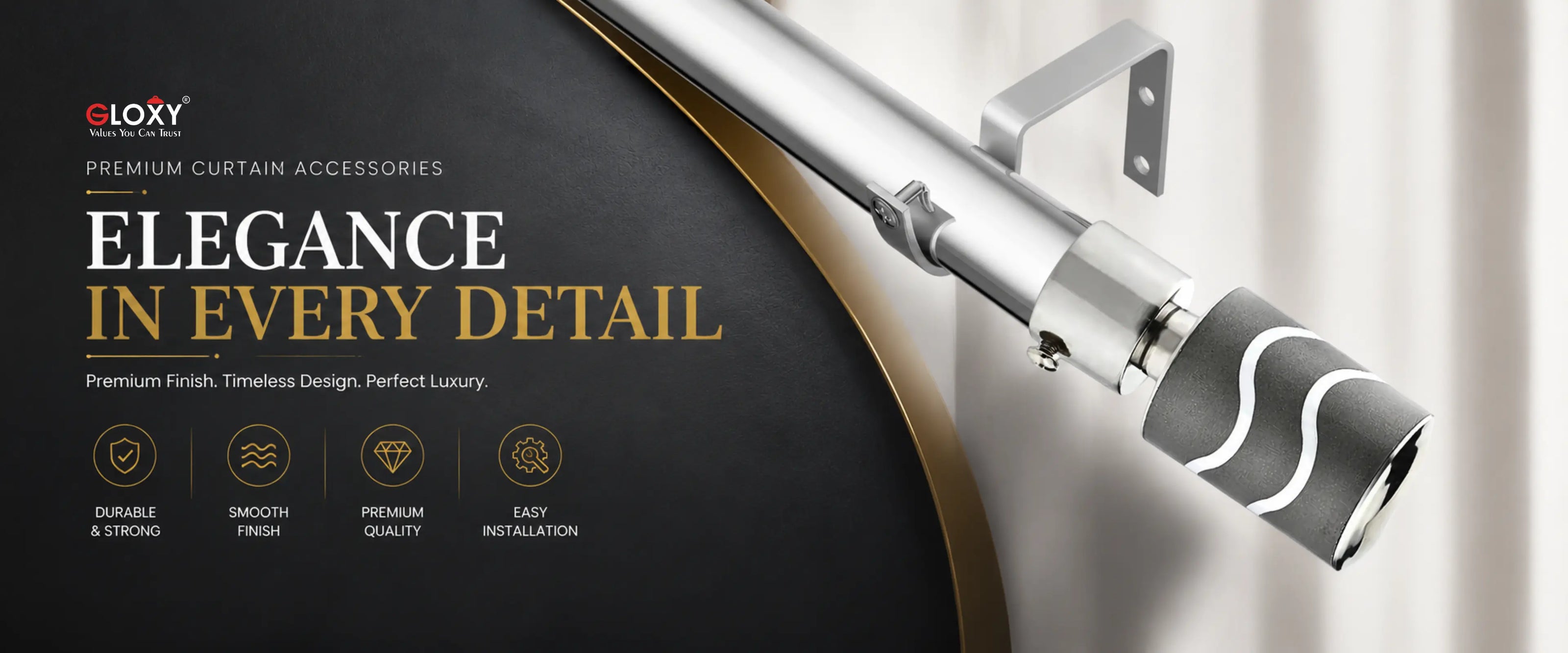 A close-up promotional shot of a curtain rod with a decorative finial, shown against a curtain backdrop with marketing text on a dark panel. The product appears to be a polished silver/chrome curtain rod with a black-and-white wavy finial accent.
