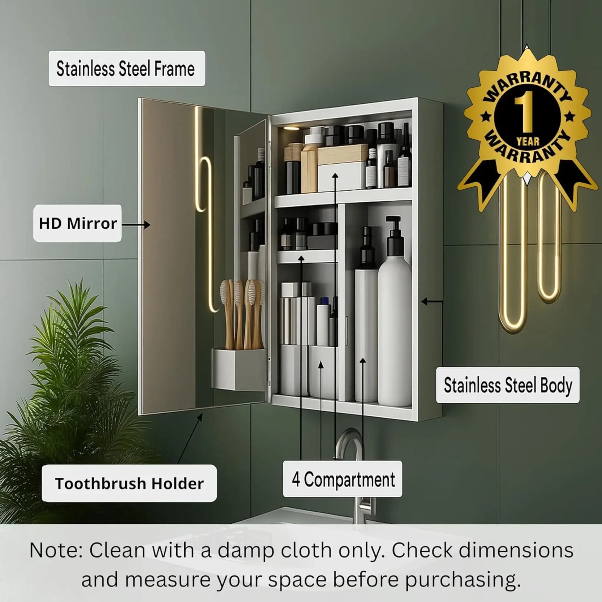 Gloxy Stainless Steel Chrome Finish Wall-Mounted Bathroom Cabinet with Mirror