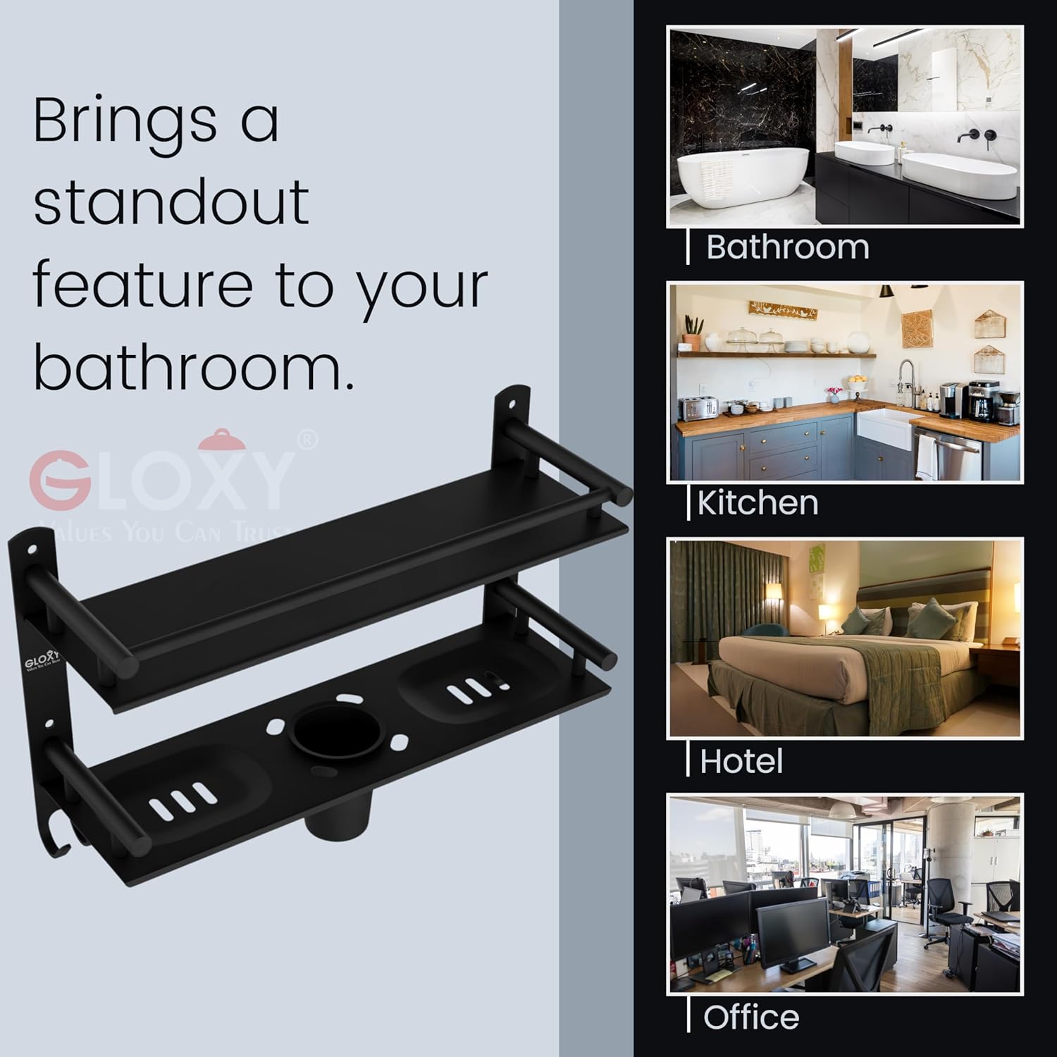 Gloxy Stainless Steel 2-Layer Black Finish Bathroom Shelf with Soap Dish,Tumbler Holder & Hooks