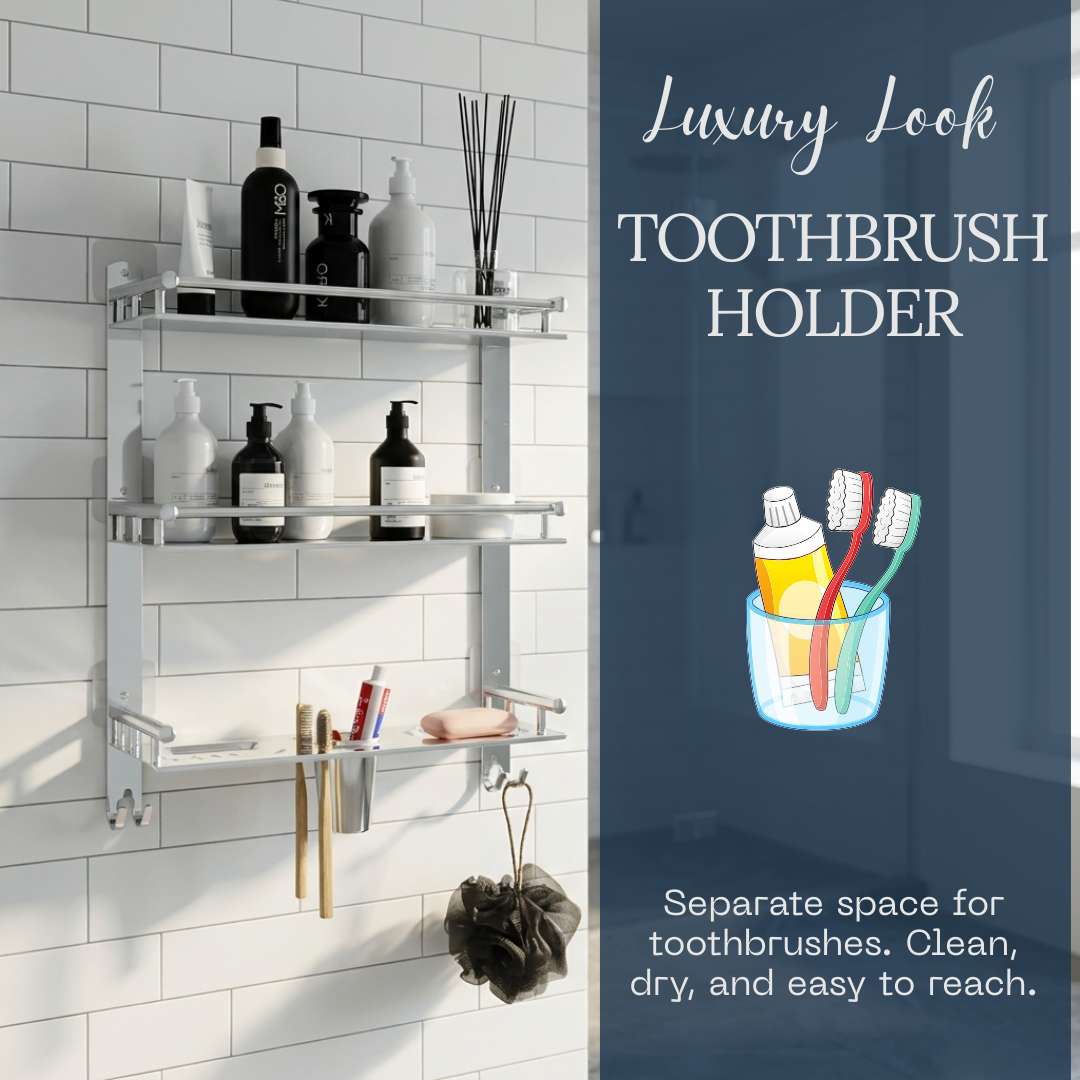 Rectangular Shape Stainless Steel Magic Sticker Shelf Adhesive Anti Rust 3 Layer Multipurpose Bathroom Shelf (15 x 5 x 19 inch, Silver)-by GLOXY®