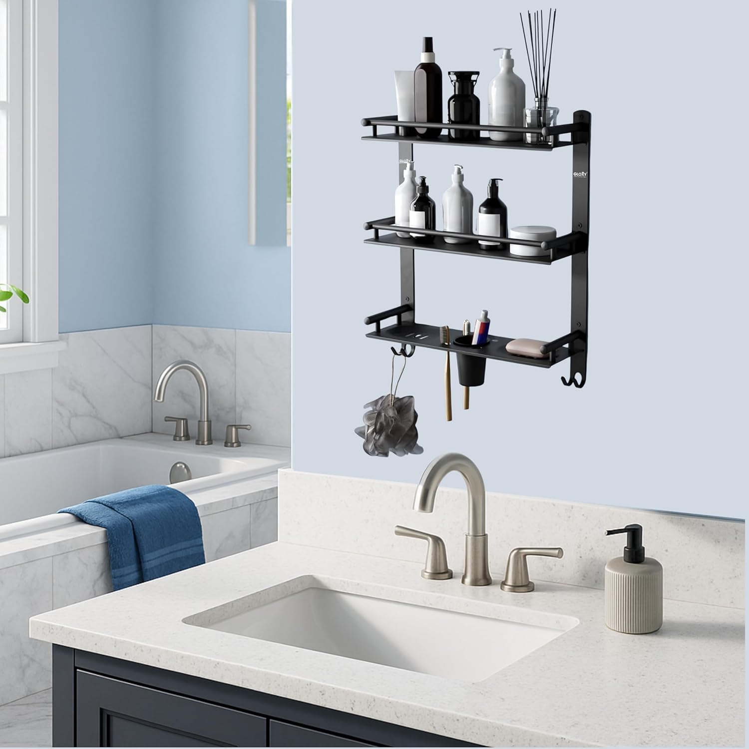 Gloxy Stainless Steel 3-Layer Black Finish Bathroom Shelf with with Soap Dish,Tumbler Holder & Hooks