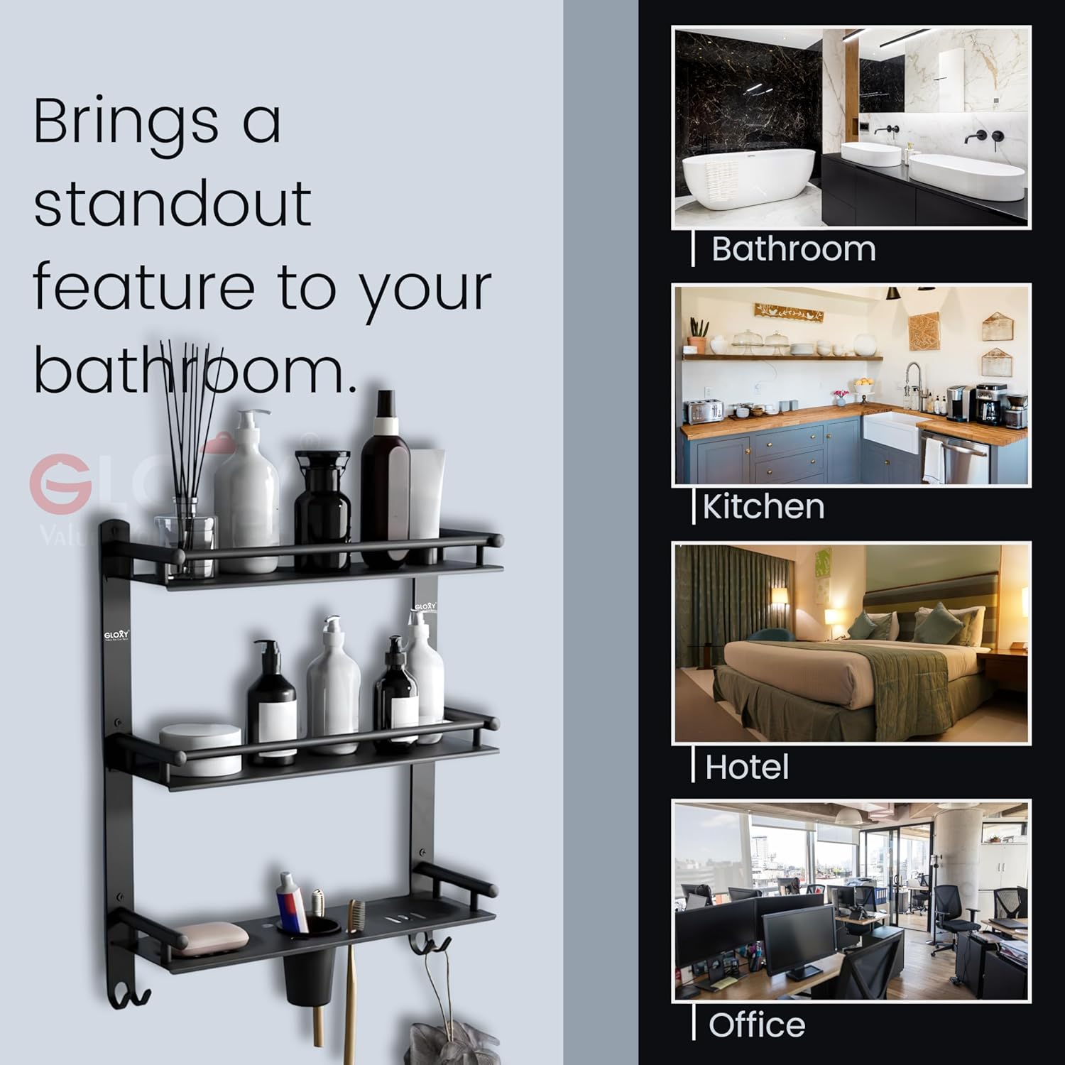 Gloxy Stainless Steel 3-Layer Black Finish Bathroom Shelf with with Soap Dish,Tumbler Holder & Hooks