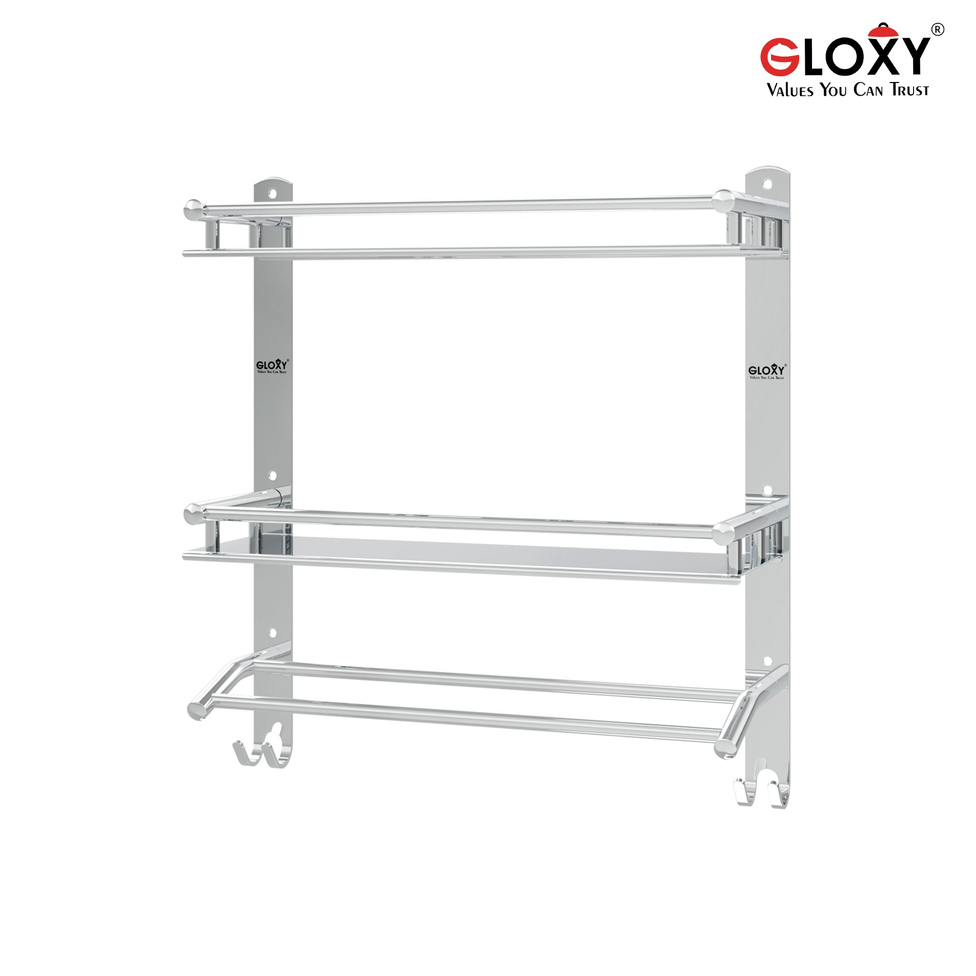 Gloxy Stainless Steel 3-Layer Chrome Finish Bathroom Shelf with Towel Rod & Hooks